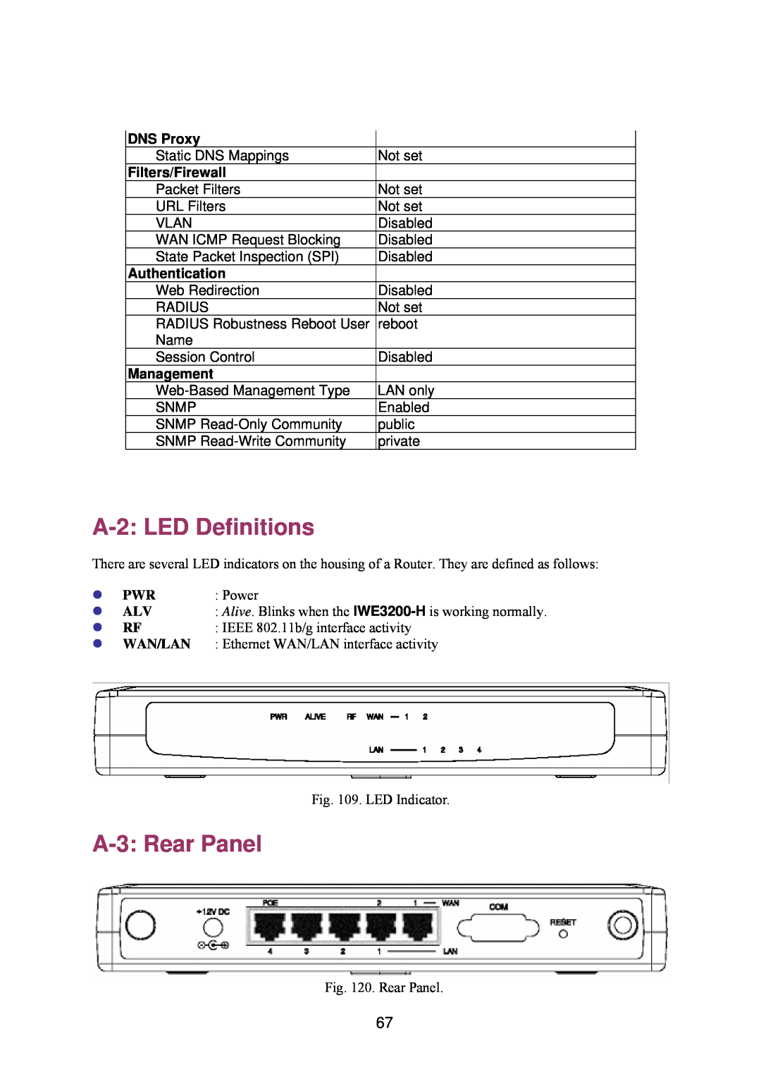 Epson IWE3200-H manual A-2:LED Definitions, A-3:Rear Panel, DNS Proxy, Filters/Firewall, Authentication, Management 