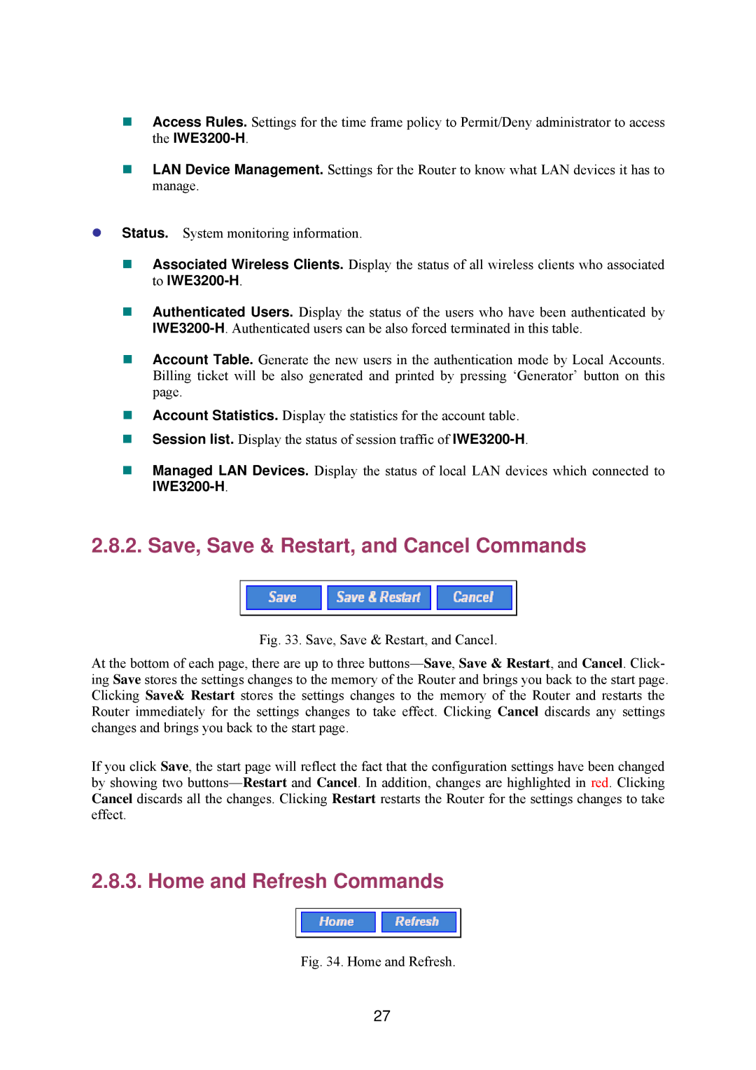 Epson IWE3200-H manual Save, Save & Restart, and Cancel Commands, Home and Refresh Commands 