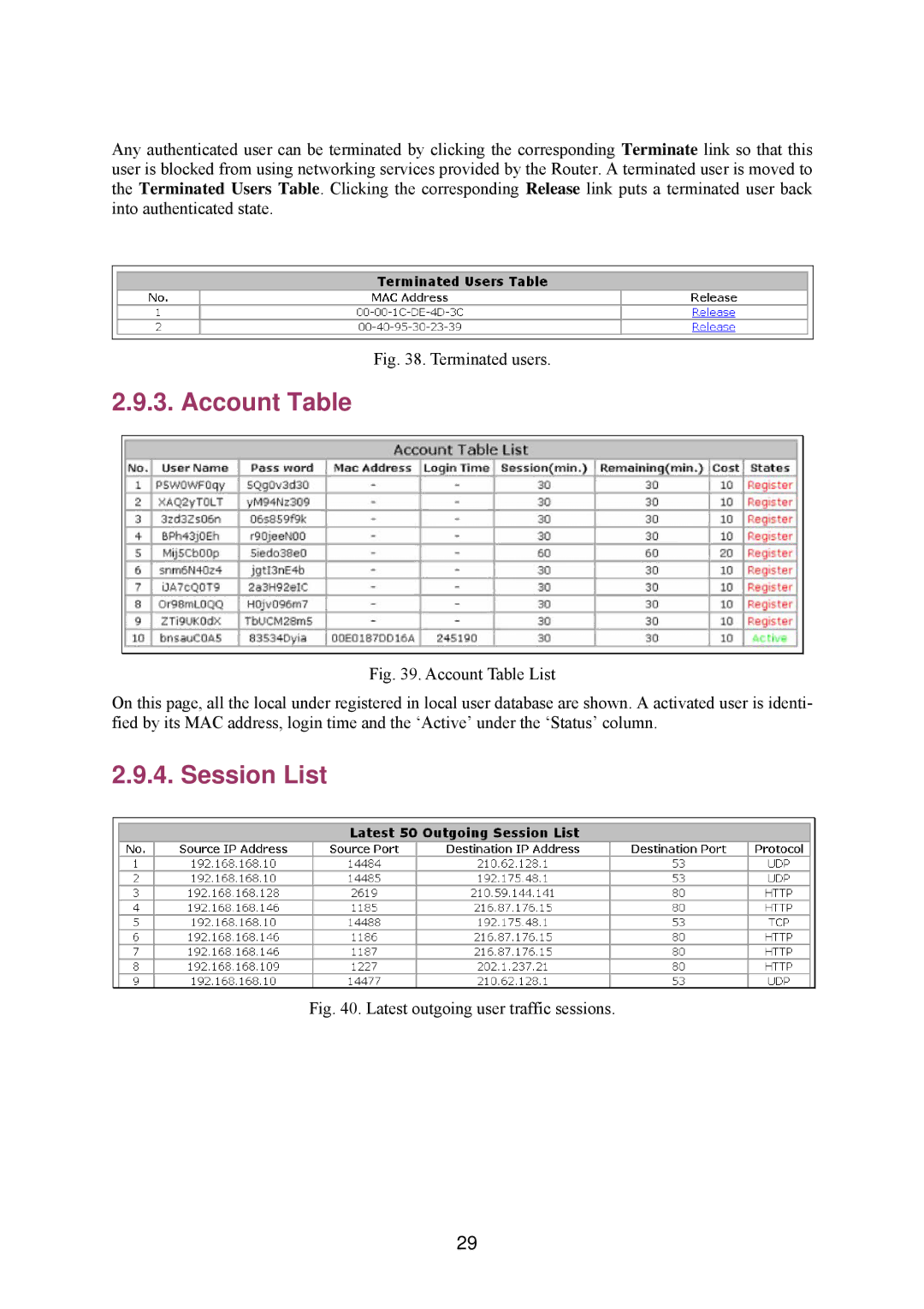 Epson IWE3200-H manual Account Table, Session List 