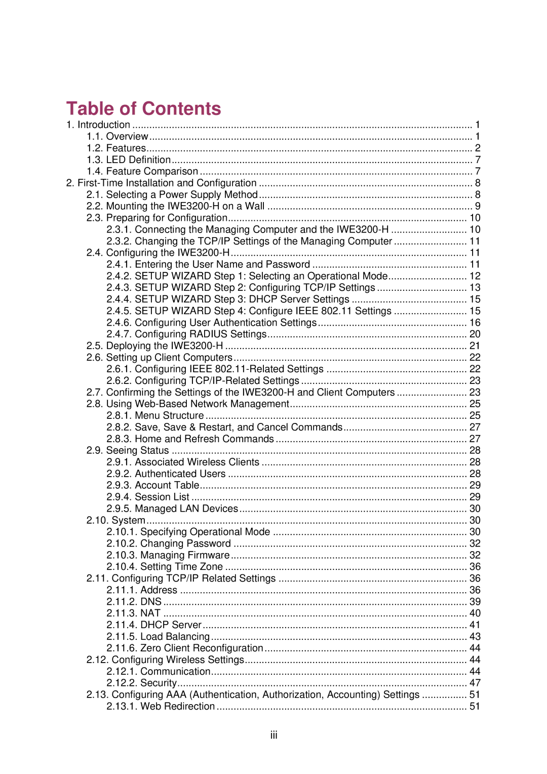 Epson IWE3200-H manual Table of Contents 