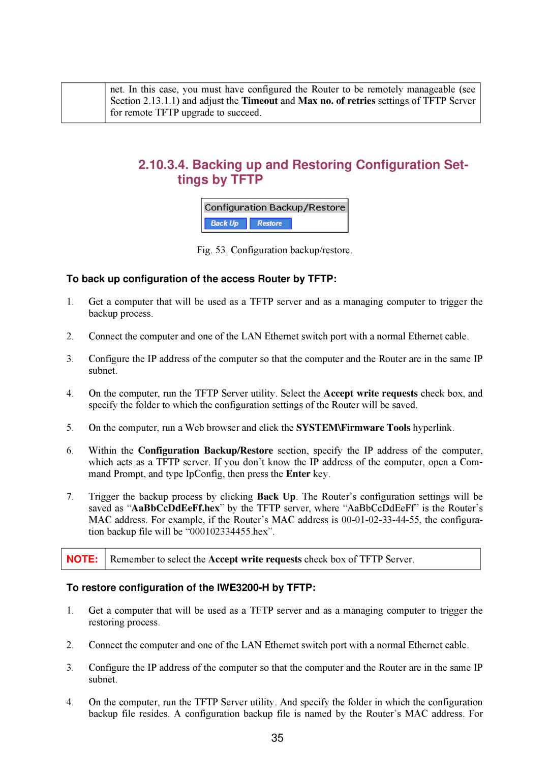 Epson IWE3200-H manual Backing up and Restoring Configuration Set- tings by Tftp 