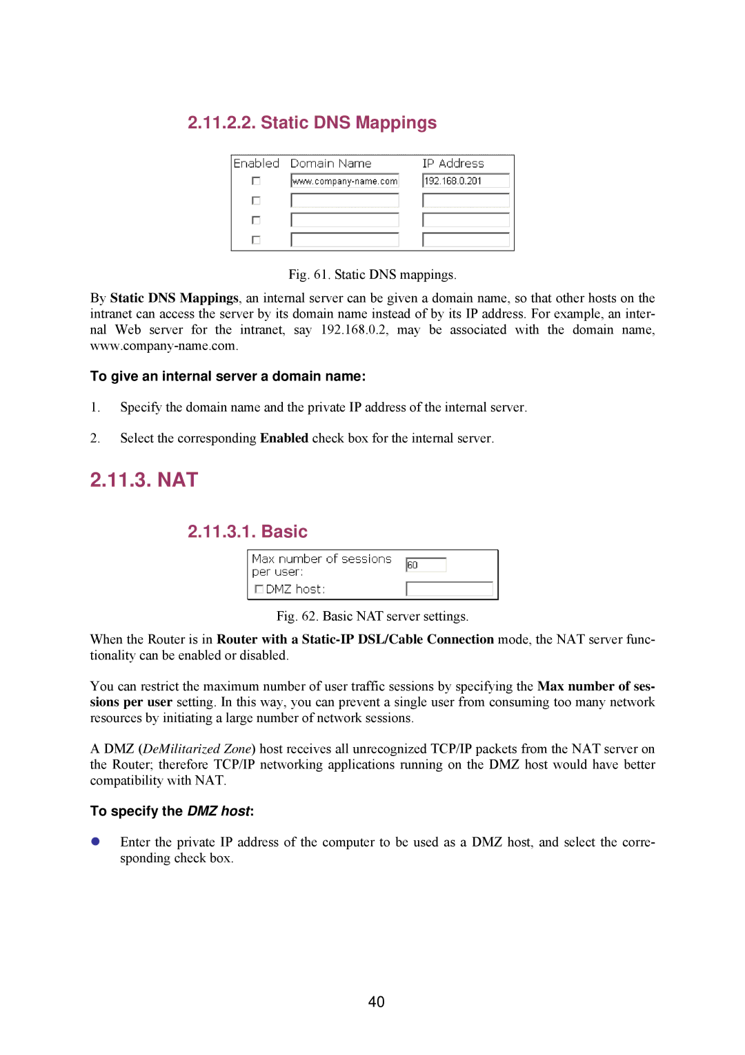 Epson IWE3200-H manual Nat, Static DNS Mappings, Basic, To give an internal server a domain name, To specify the DMZ host 