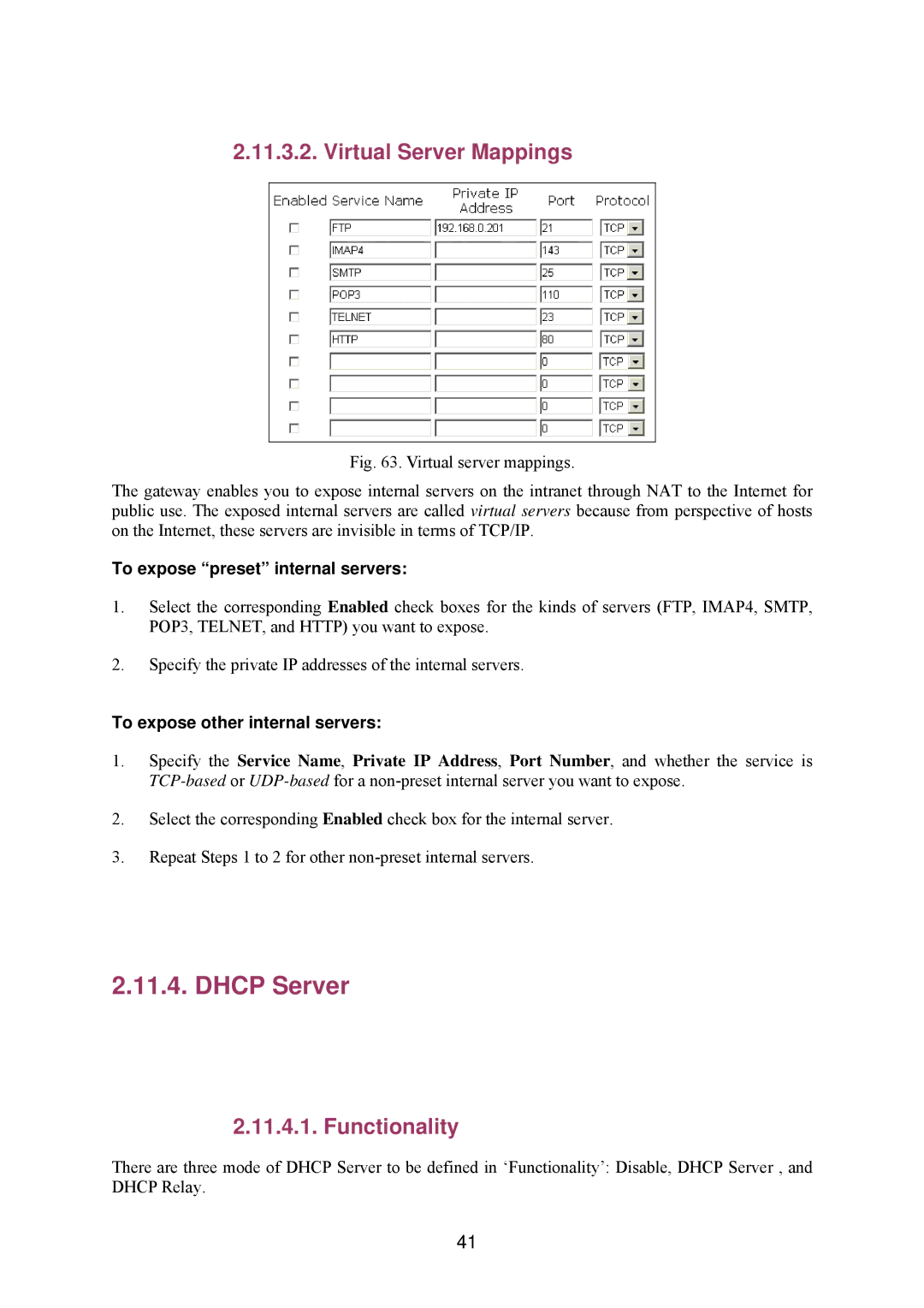 Epson IWE3200-H manual Dhcp Server, Virtual Server Mappings, Functionality, To expose preset internal servers 