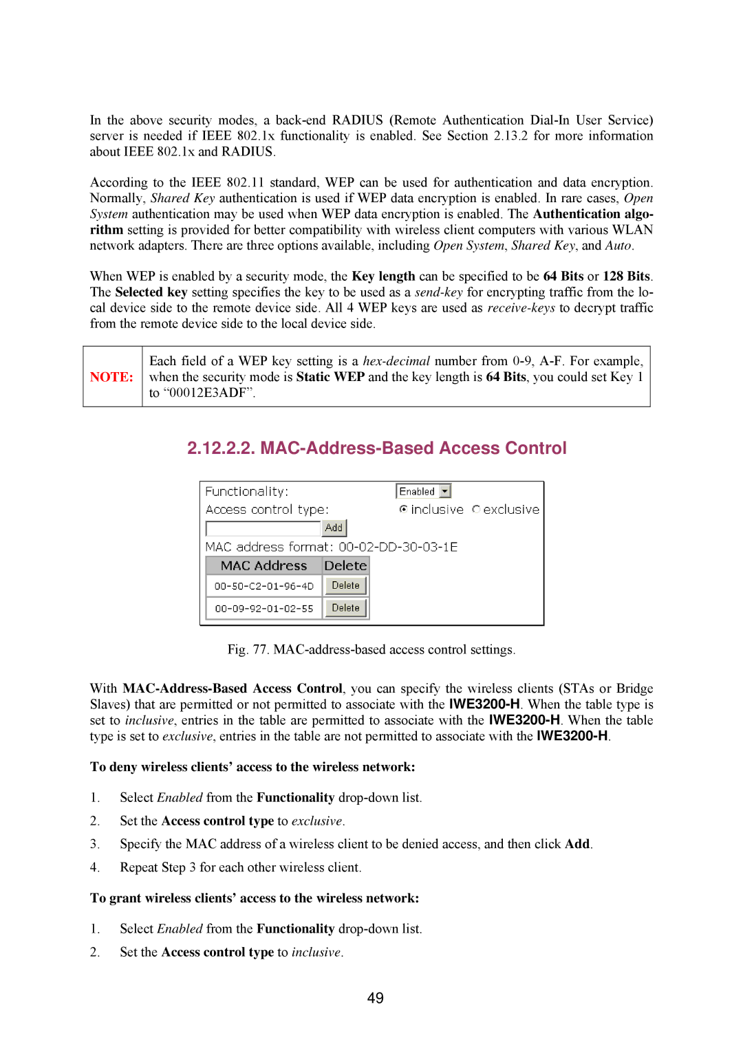 Epson IWE3200-H manual MAC-Address-Based Access Control, Set the Access control type to exclusive 