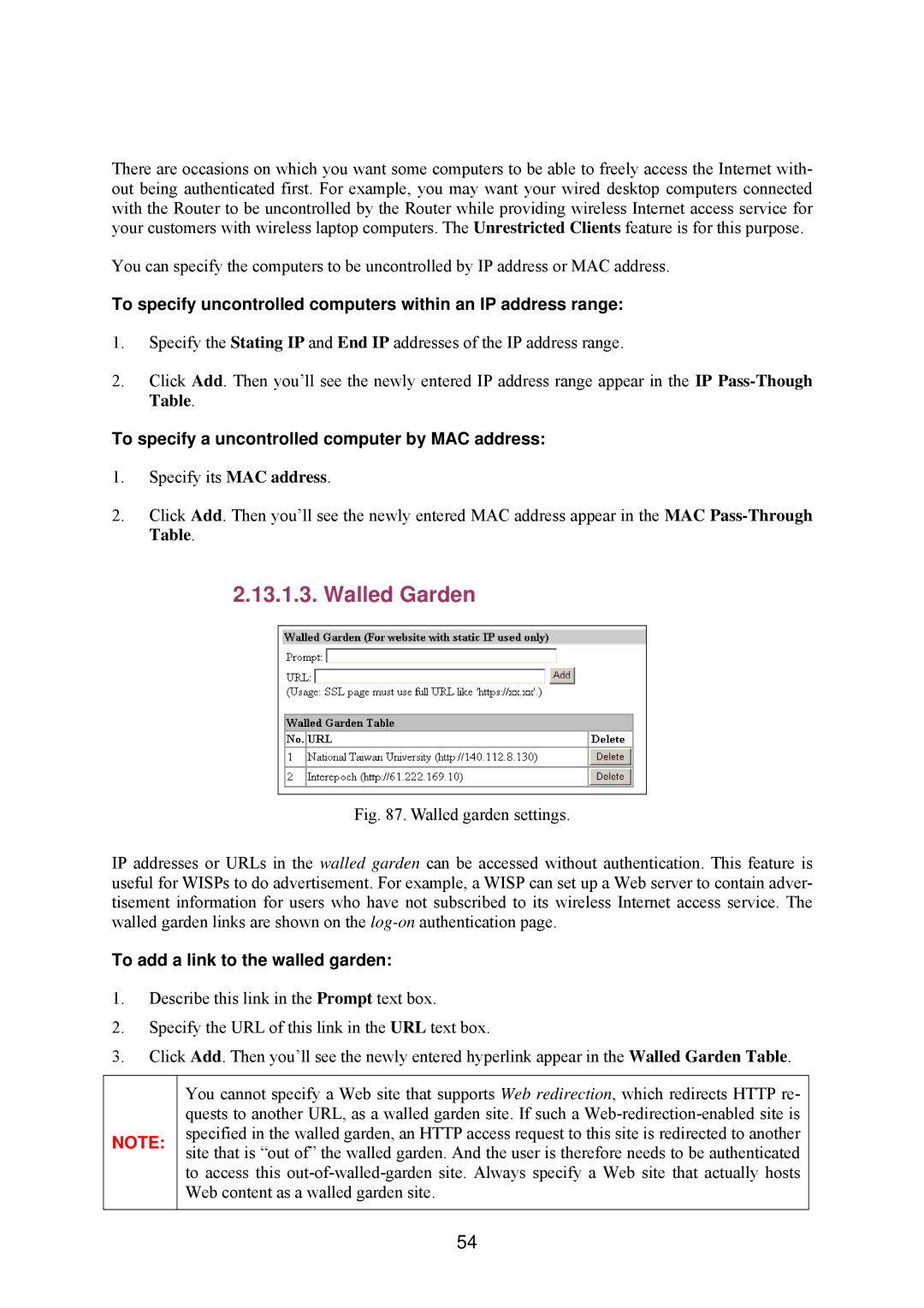 Epson IWE3200-H manual Walled Garden, To specify a uncontrolled computer by MAC address, To add a link to the walled garden 