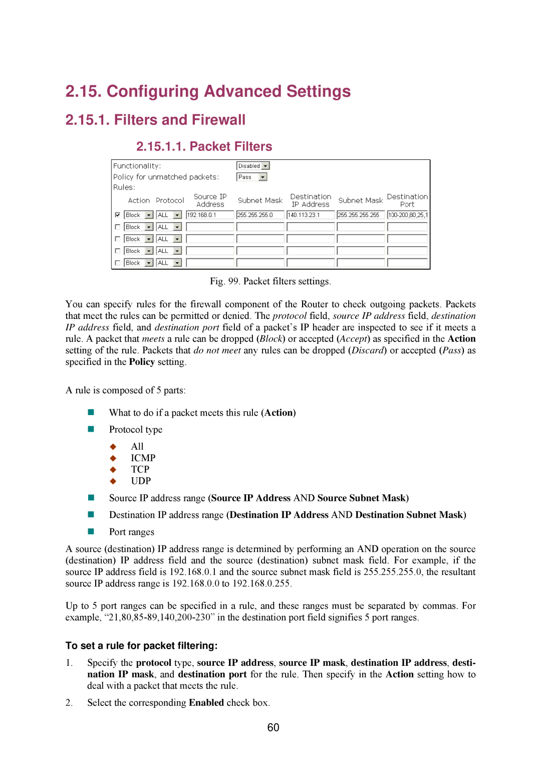 Epson IWE3200-H Configuring Advanced Settings, Filters and Firewall, Packet Filters, To set a rule for packet filtering 