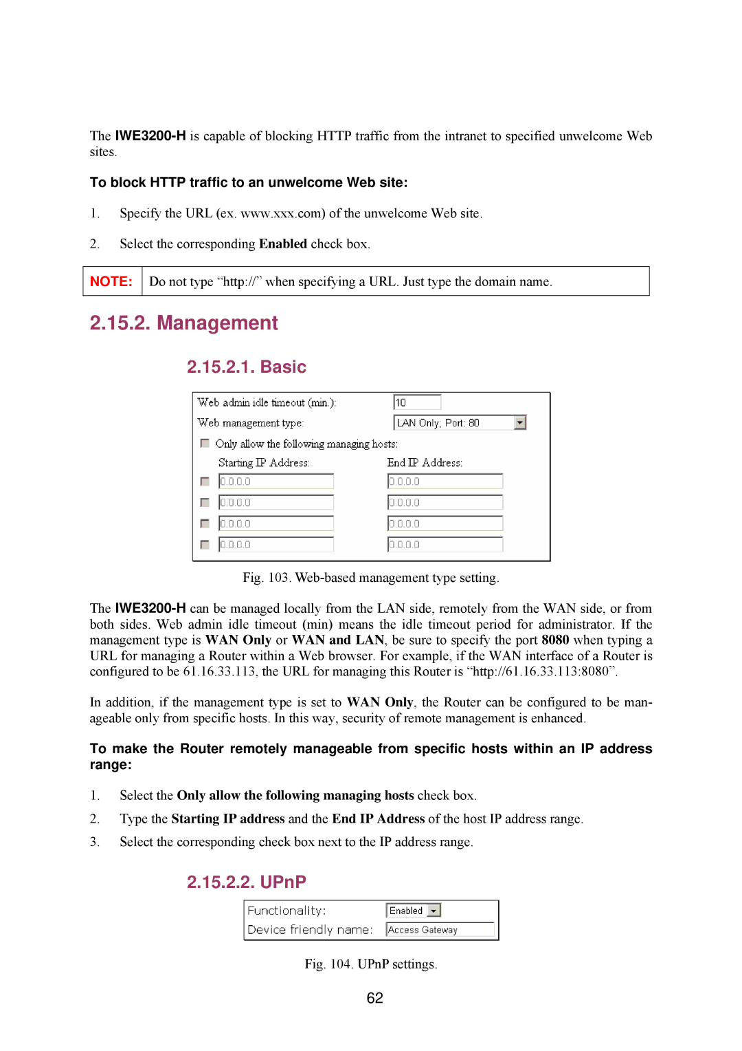 Epson IWE3200-H manual Management, UPnP, To block Http traffic to an unwelcome Web site 