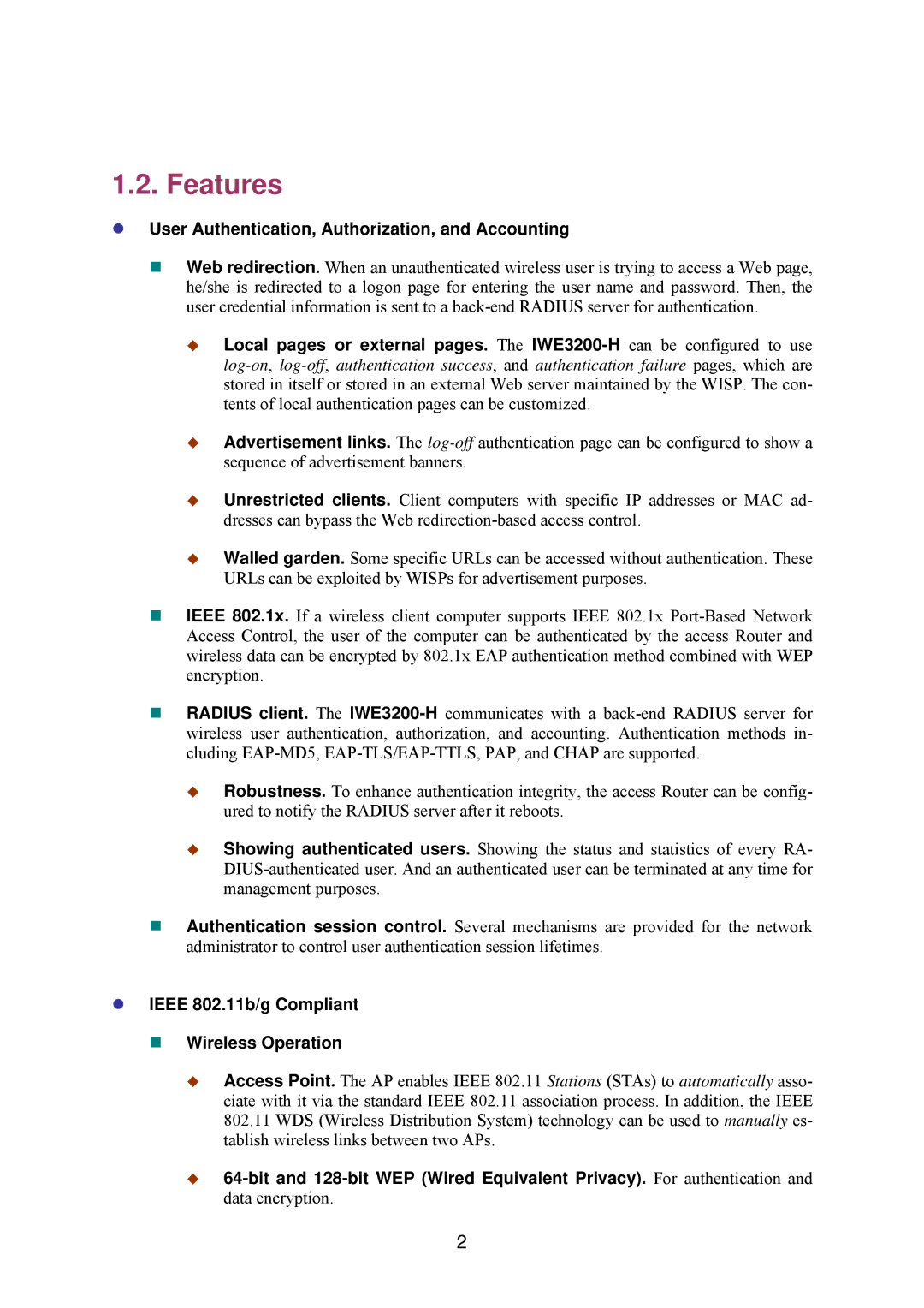 Epson IWE3200-H manual Features, User Authentication, Authorization, and Accounting 