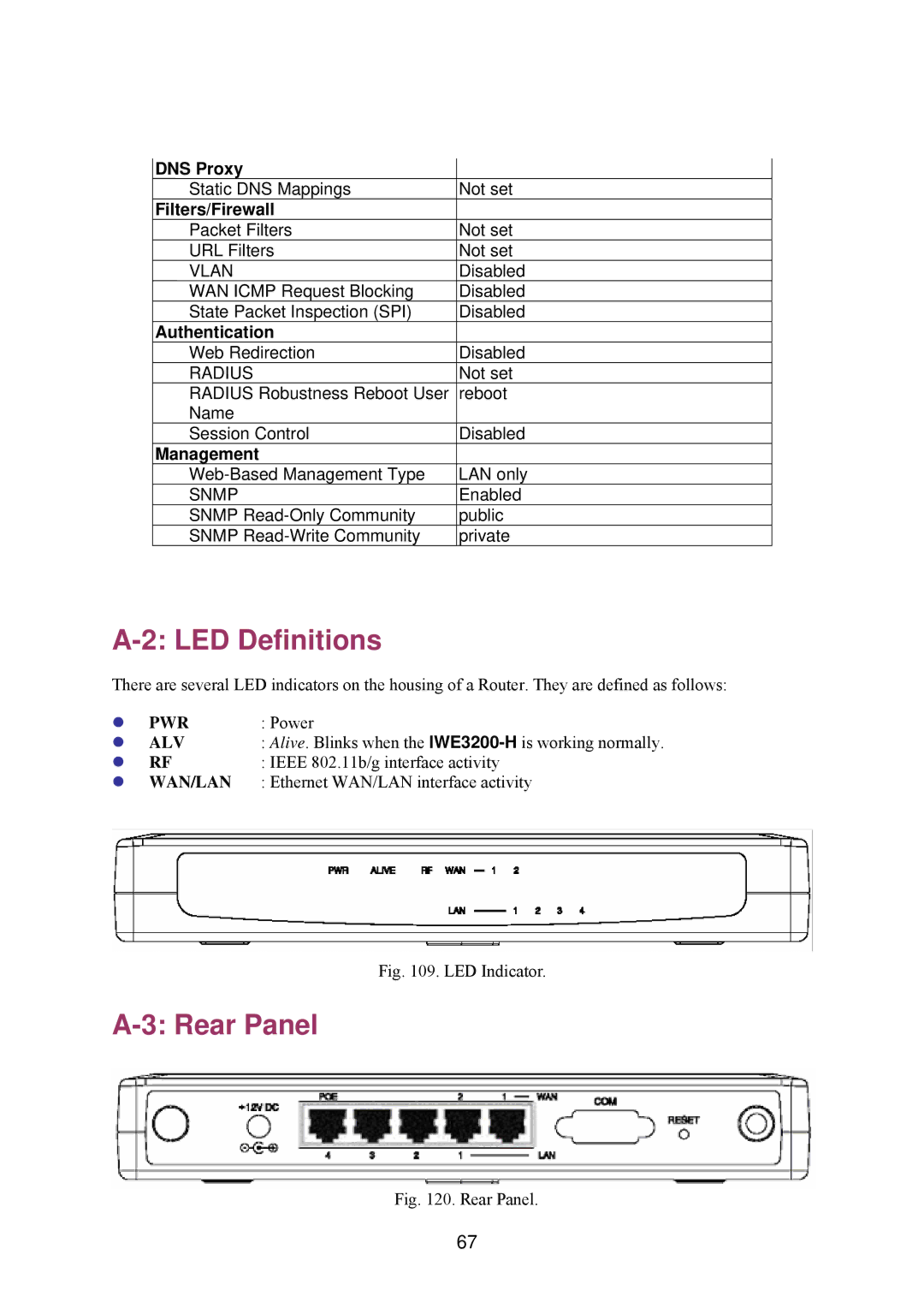 Epson IWE3200-H manual LED Definitions, Rear Panel, DNS Proxy, Filters/Firewall, Authentication 