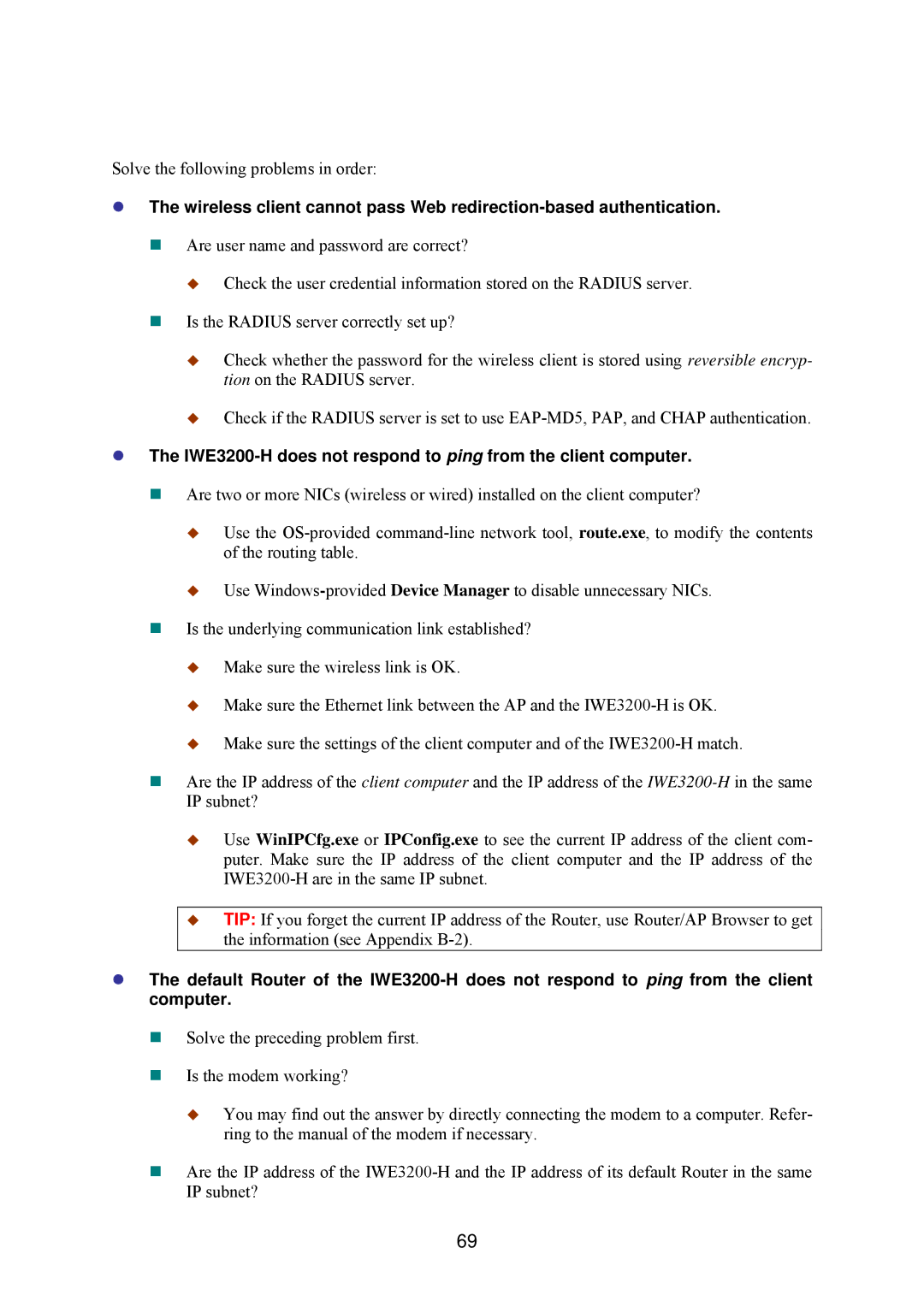 Epson manual IWE3200-H does not respond to ping from the client computer 