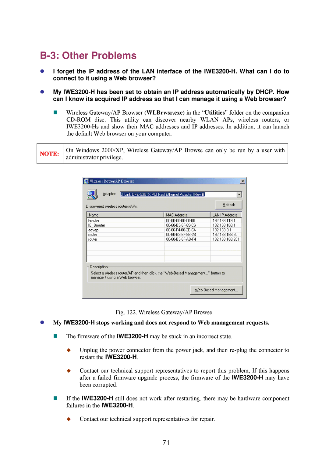 Epson IWE3200-H manual Other Problems, Wireless Gateway/AP Browse 