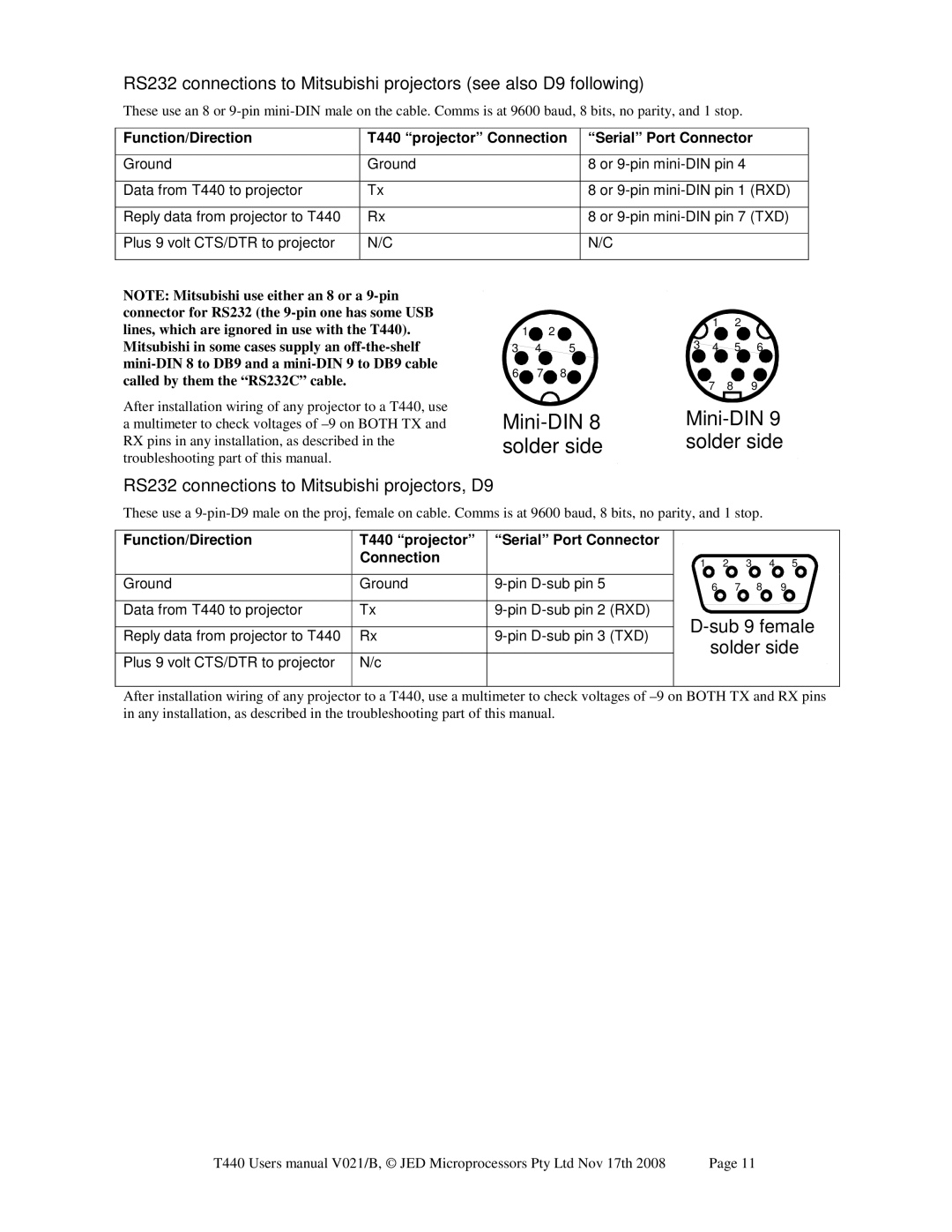 Epson JED T440 user manual RS232 connections to Mitsubishi projectors, D9, Function/Direction T440 projector Connection 