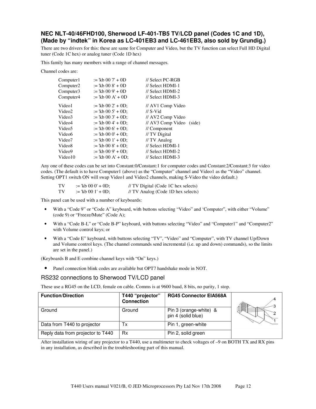 Epson JED T440 user manual RS232 connections to Sherwood TV/LCD panel 