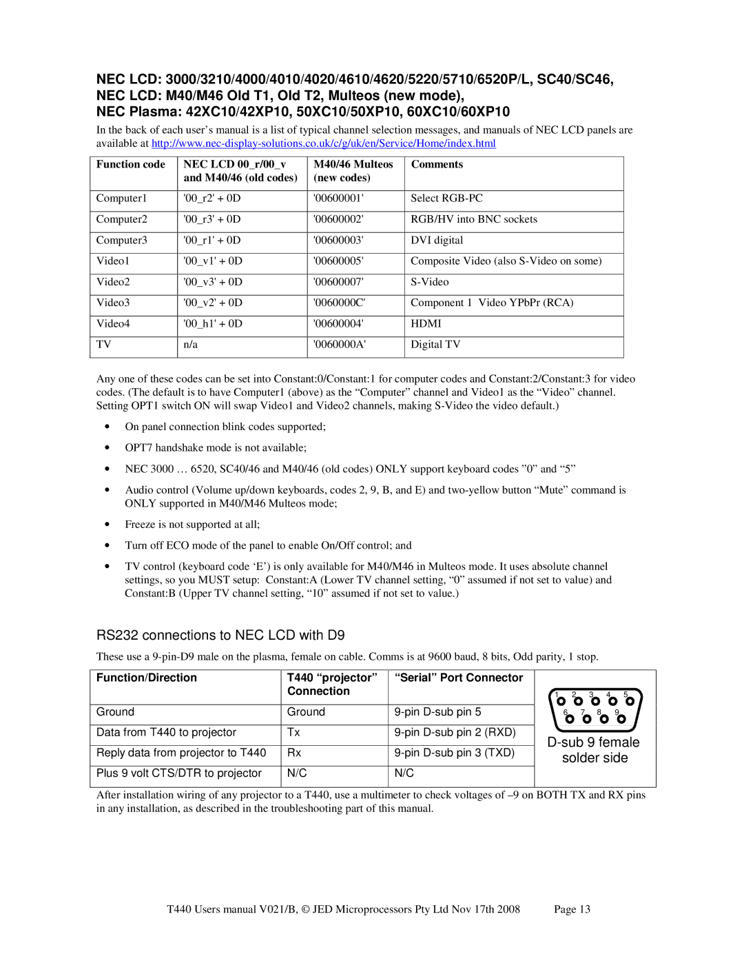 Epson JED T440 user manual RS232 connections to NEC LCD with D9, Hdmi 