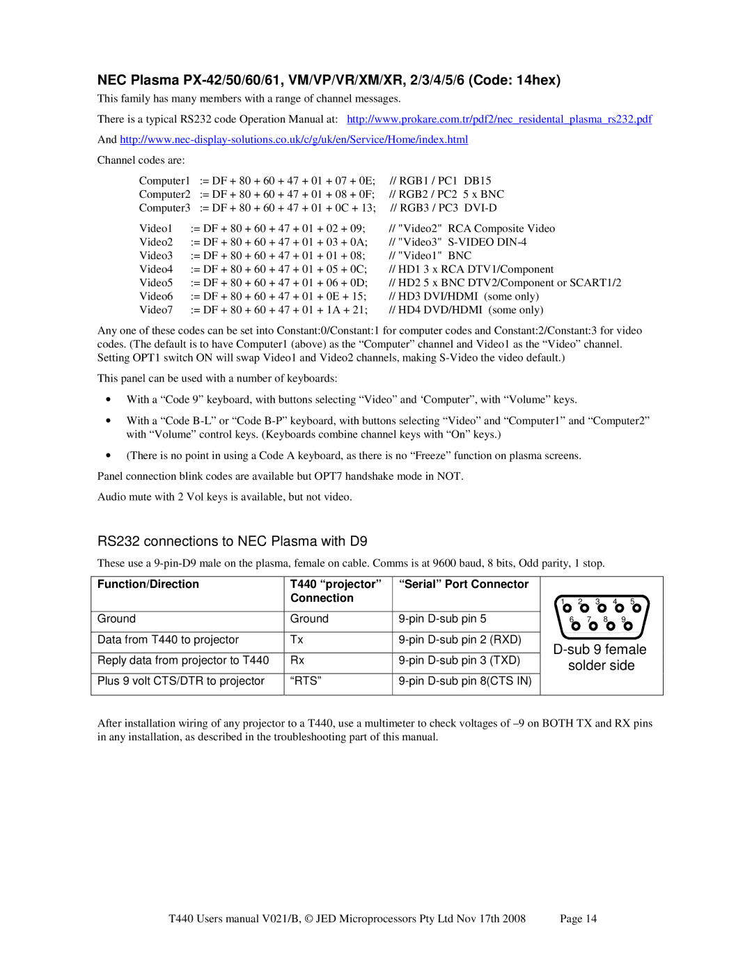 Epson JED T440 user manual RS232 connections to NEC Plasma with D9, Sub 9 female, Solder side 