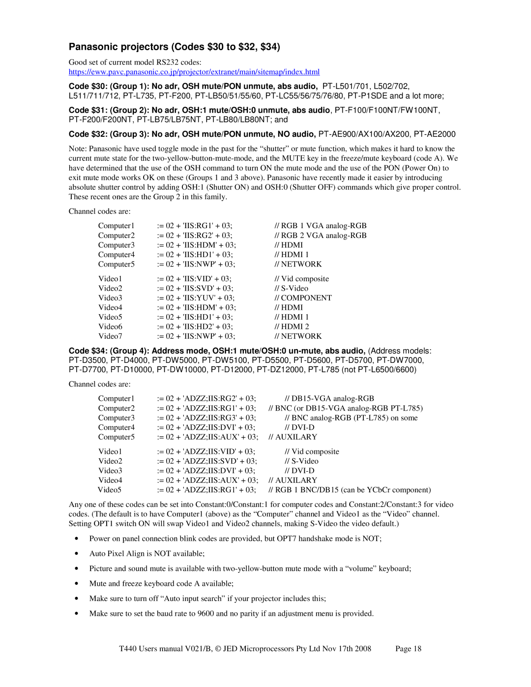 Epson JED T440 user manual Panasonic projectors Codes $30 to $32, $34, Auxilary 