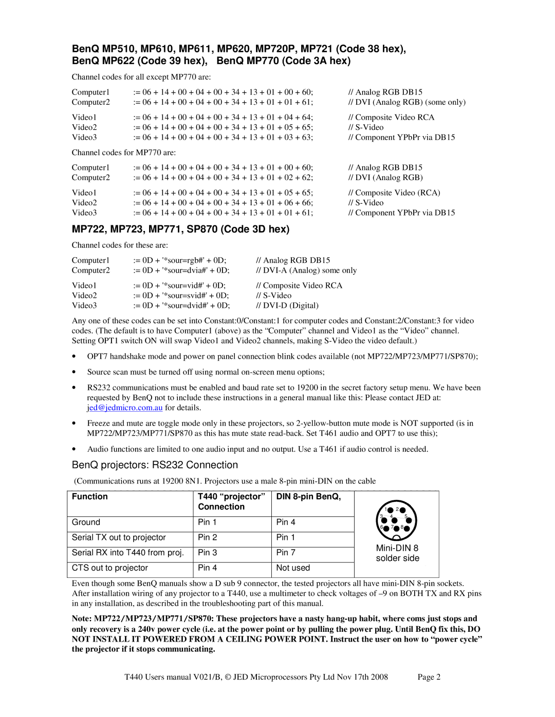 Epson JED T440 MP722, MP723, MP771, SP870 Code 3D hex, BenQ projectors RS232 Connection, Function, DIN 8-pin BenQ 