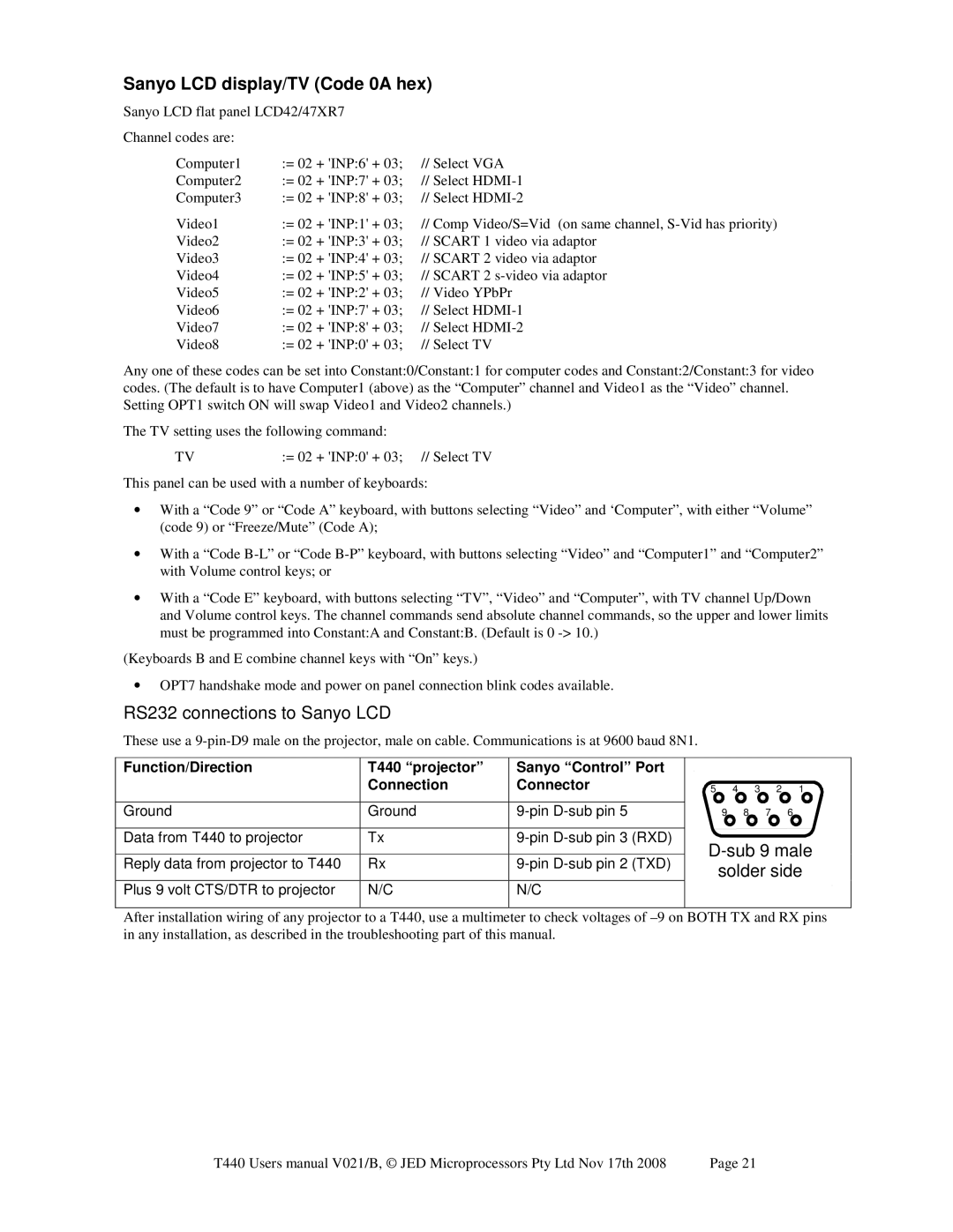 Epson JED T440 user manual Sanyo LCD display/TV Code 0A hex, RS232 connections to Sanyo LCD, Sanyo Control Port Connector 