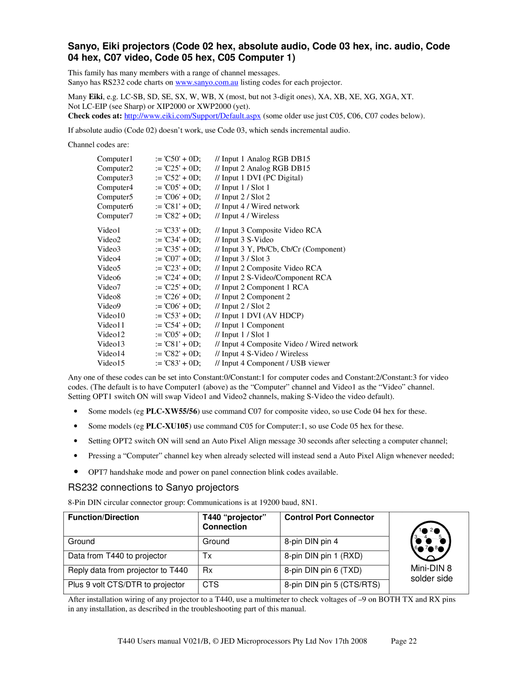 Epson JED T440 user manual RS232 connections to Sanyo projectors, Mini-DIN 