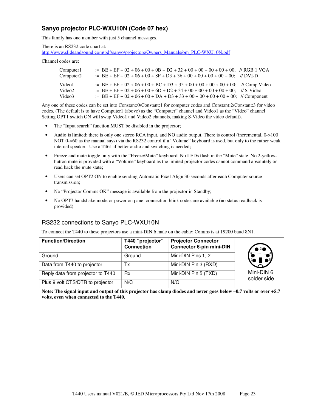 Epson JED T440 user manual Sanyo projector PLC-WXU10N Code 07 hex, RS232 connections to Sanyo PLC-WXU10N 