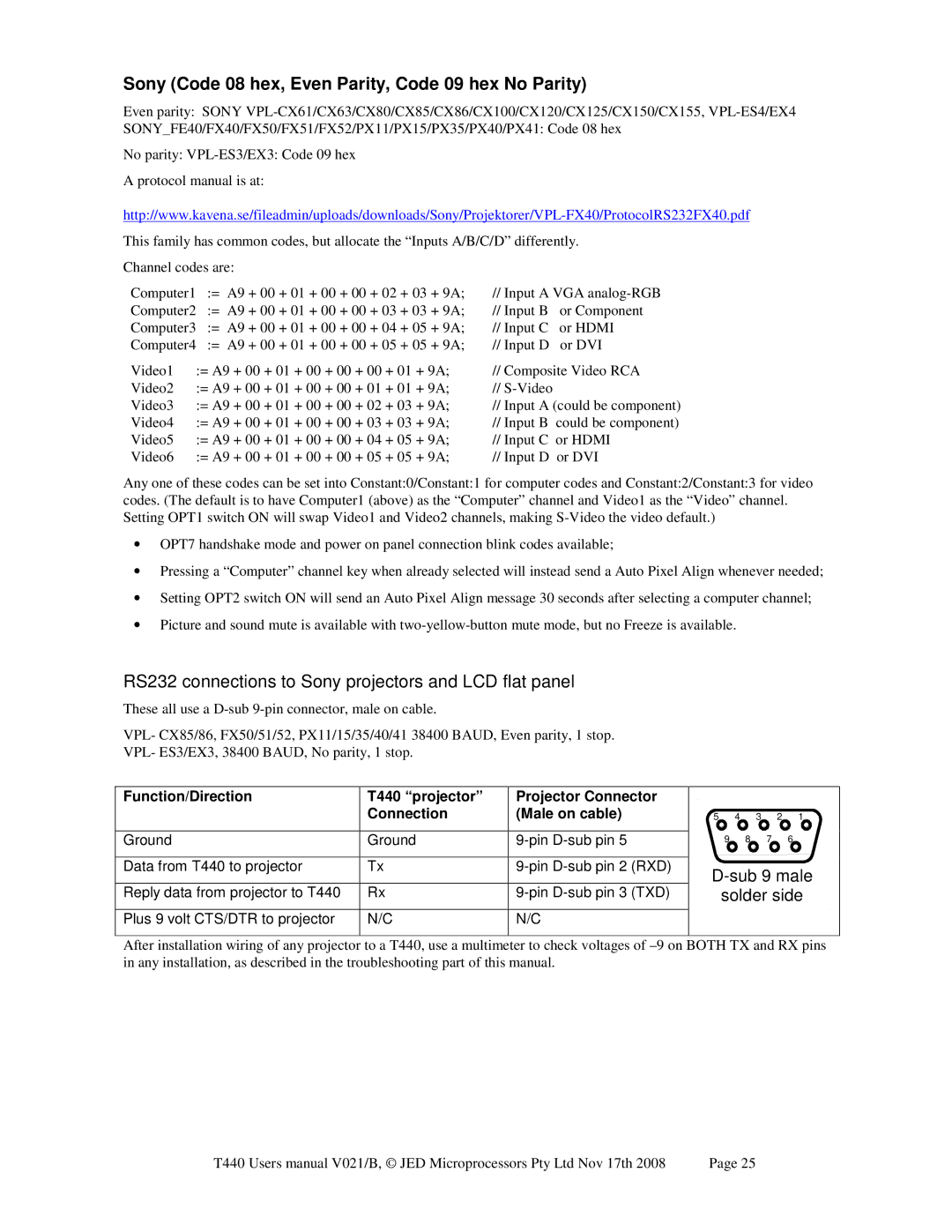 Epson JED T440 user manual Sony Code 08 hex, Even Parity, Code 09 hex No Parity, Sub 9 male Solder side 