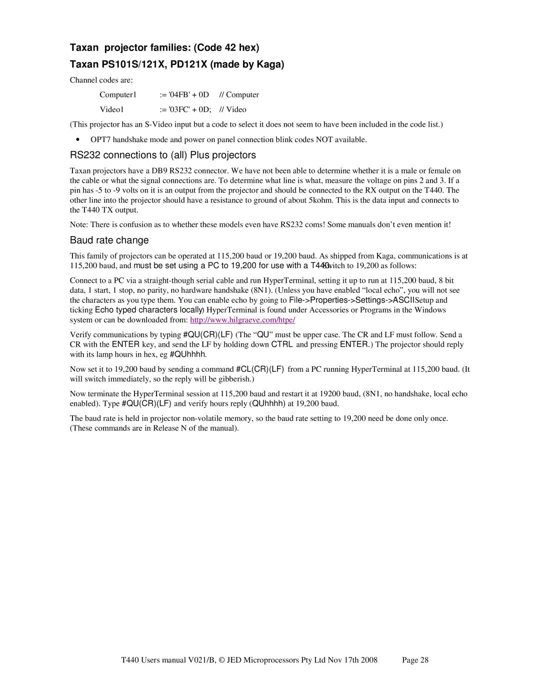 Epson JED T440 user manual Channel codes are Computer1 = 04FB + 0D 