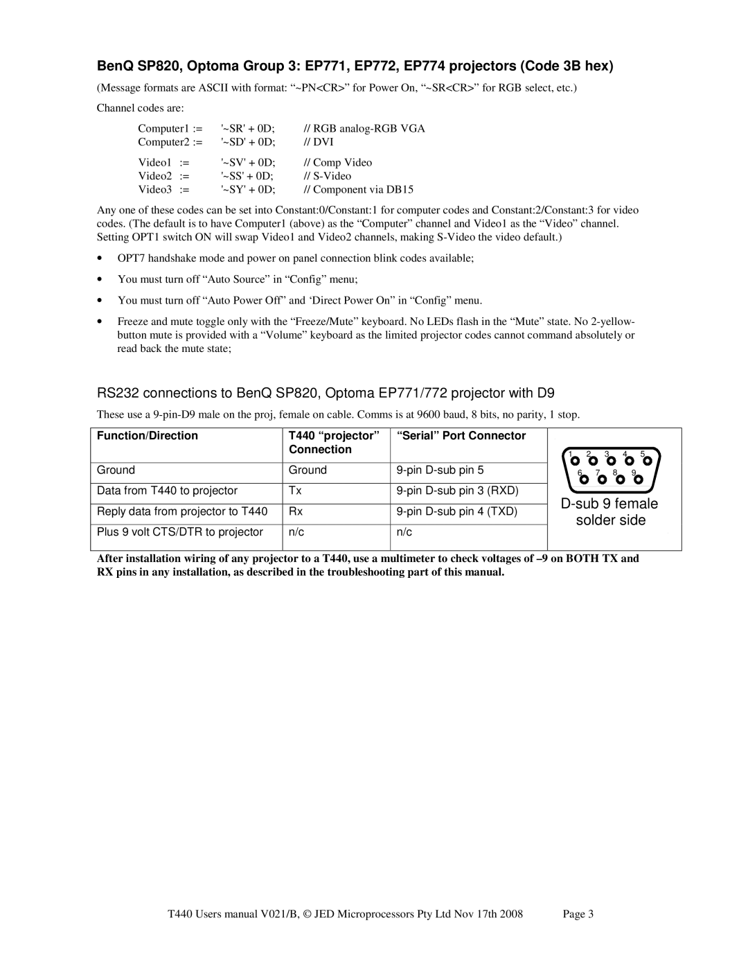 Epson JED T440 user manual Sub 9 female solder side 