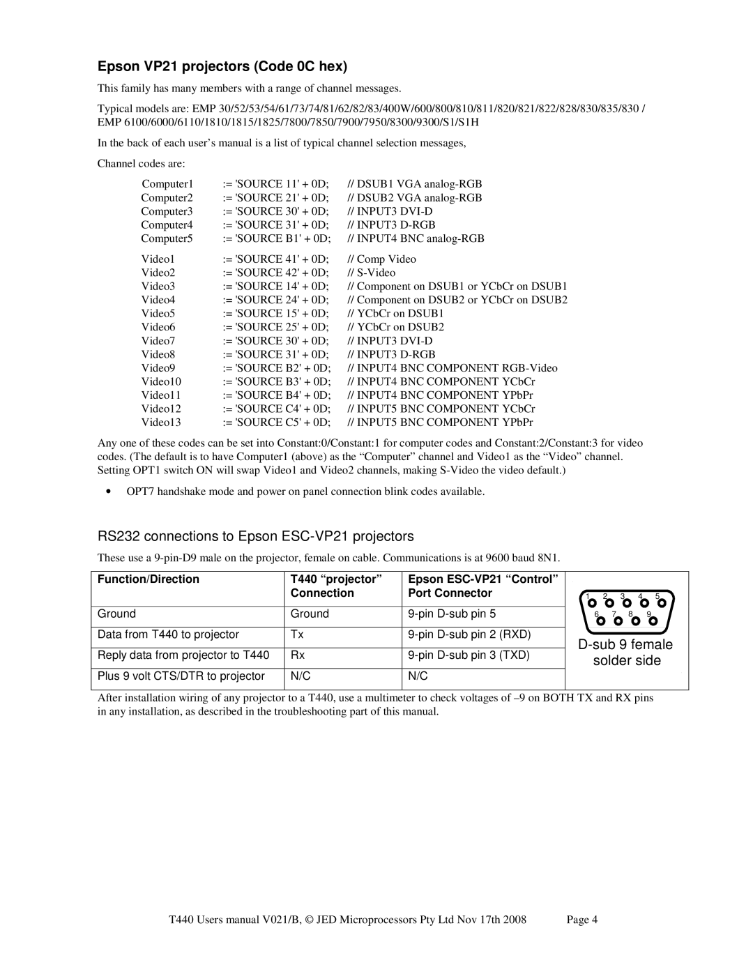 Epson JED T440 Epson VP21 projectors Code 0C hex, RS232 connections to Epson ESC-VP21 projectors, Sub 9 female solder side 