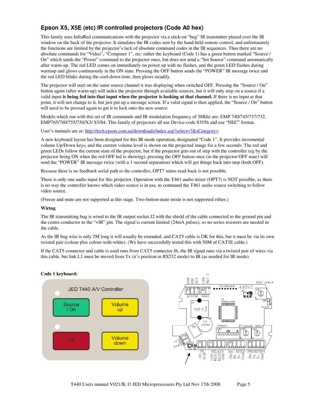 Epson JED T440 user manual Epson X5, X5E etc IR controlled projectors Code A0 hex, Wiring 