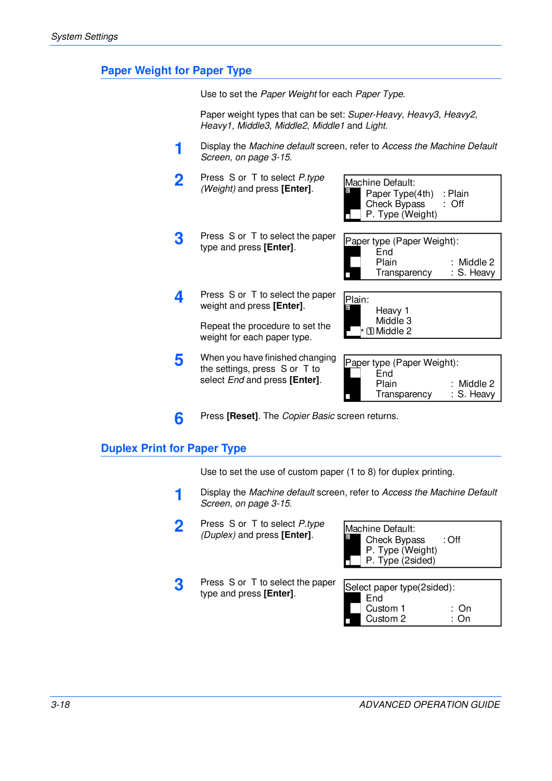 Epson KM-1650, KM-2050, KM-2550 manual Paper Weight for Paper Type, Duplex Print for Paper Type 