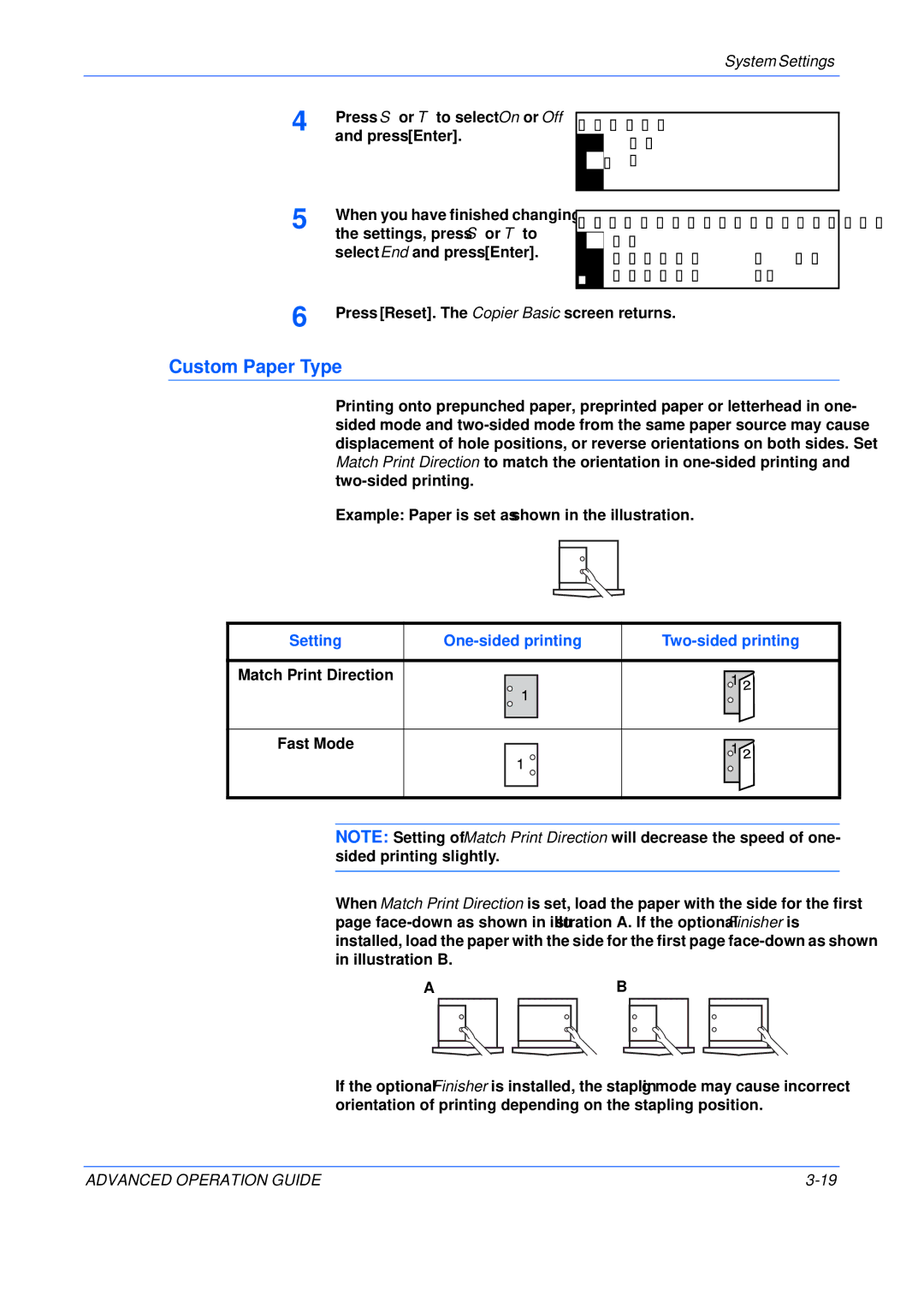 Epson KM-2550, KM-2050, KM-1650 manual Custom Paper Type, Custom Off Select paper type2sided End 