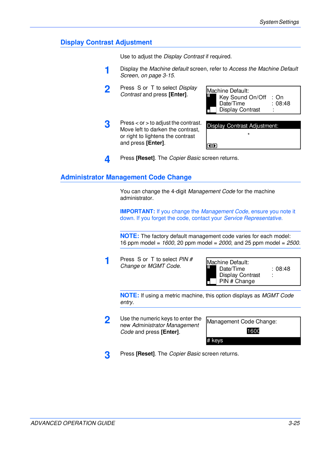 Epson KM-2550, KM-2050, KM-1650 manual Display Contrast Adjustment, Administrator Management Code Change, # keys 