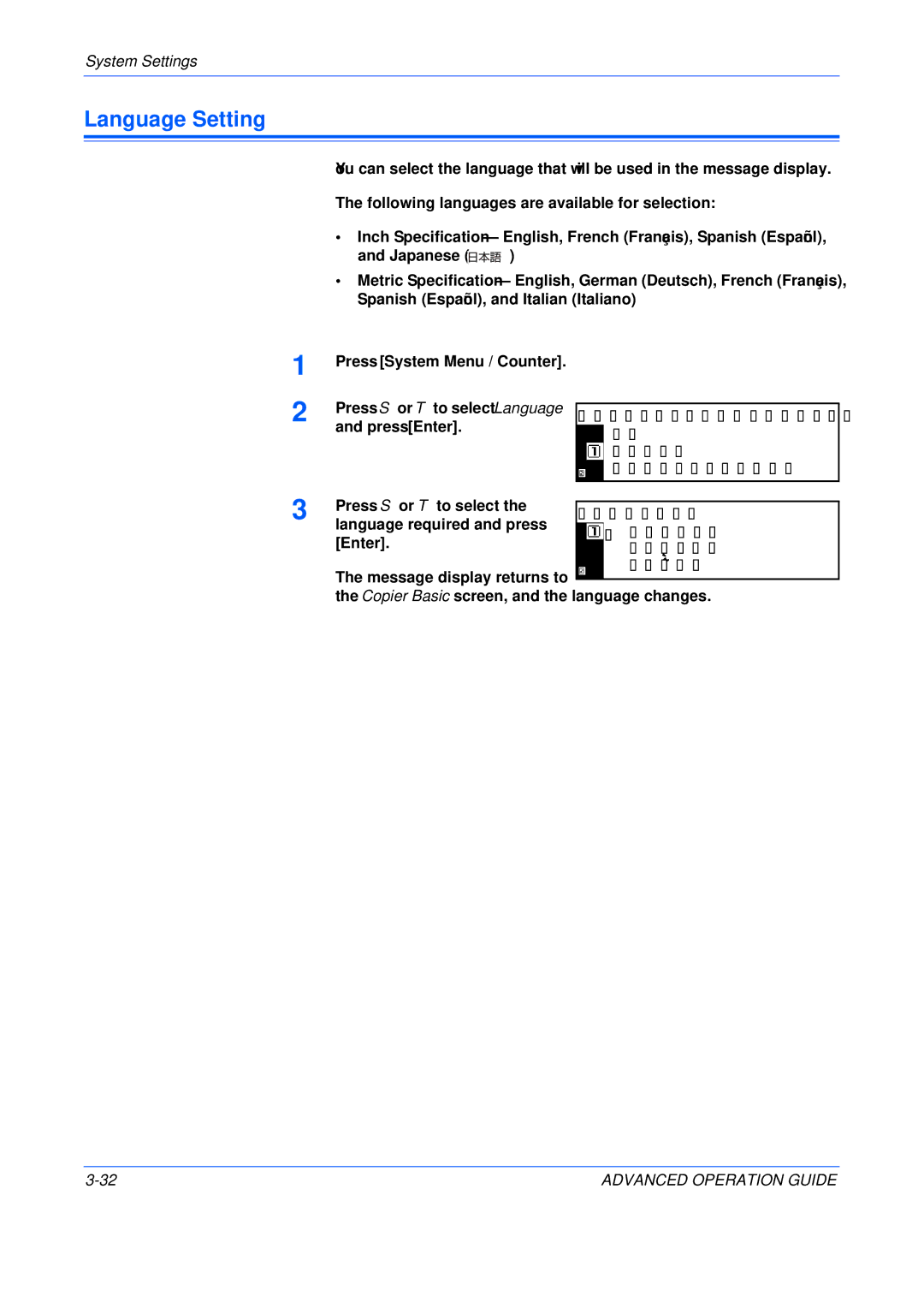 Epson KM-2050, KM-1650, KM-2550 manual Language Setting, System Menu / Counter, English, Francais, Espanol 