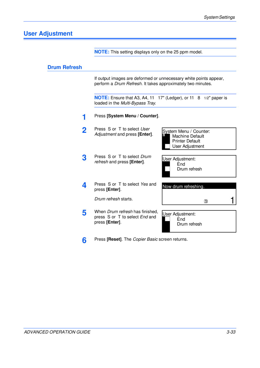 Epson KM-1650, KM-2050, KM-2550 manual Drum Refresh, Yes User Adjustment End Drum refresh 