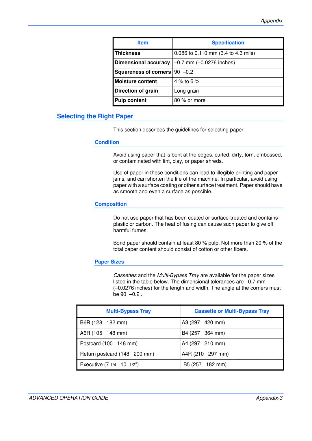 Epson KM-2050, KM-1650, KM-2550 manual Selecting the Right Paper, Condition, Composition, Paper Sizes 