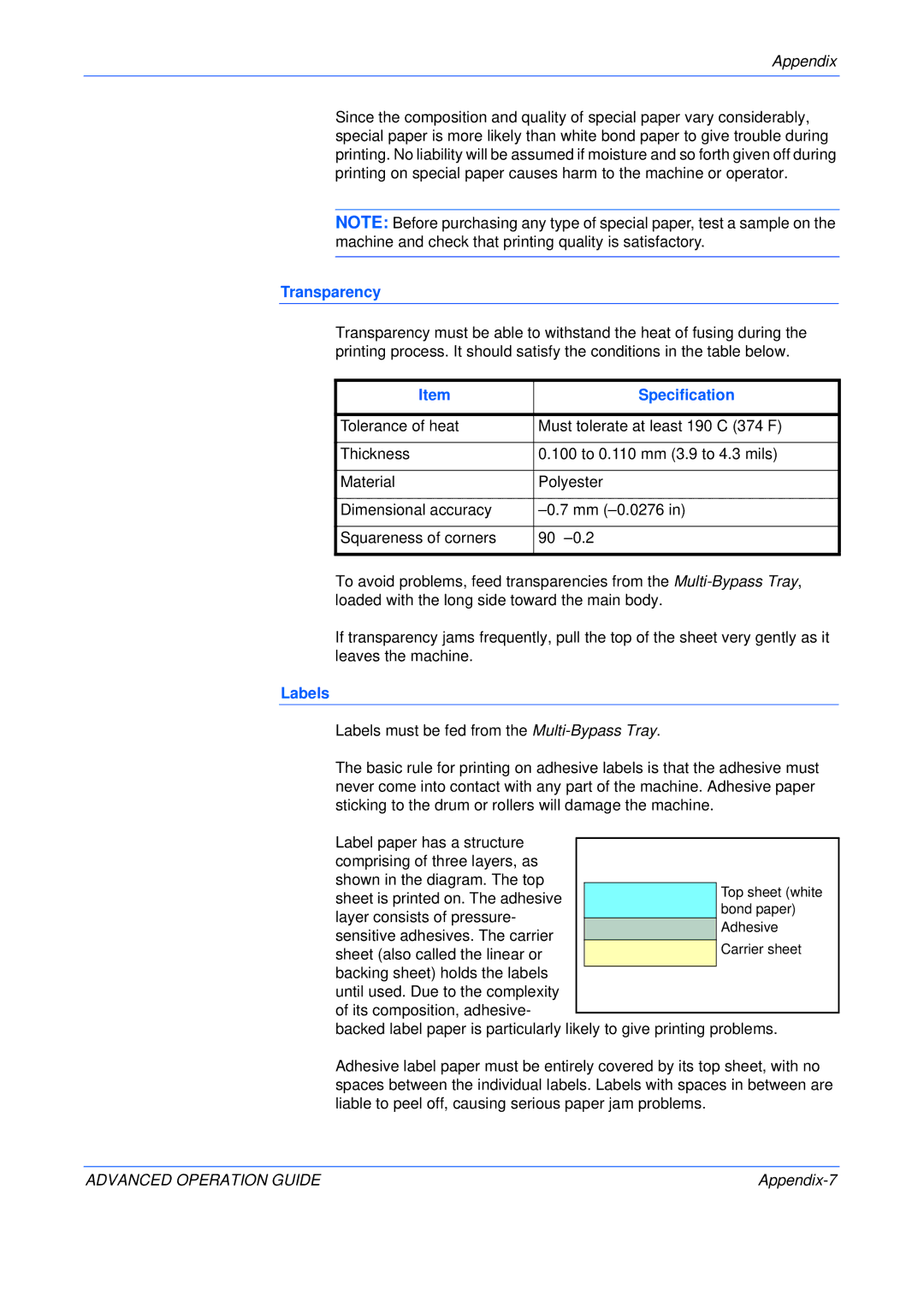 Epson KM-1650, KM-2050, KM-2550 manual Transparency, Labels 