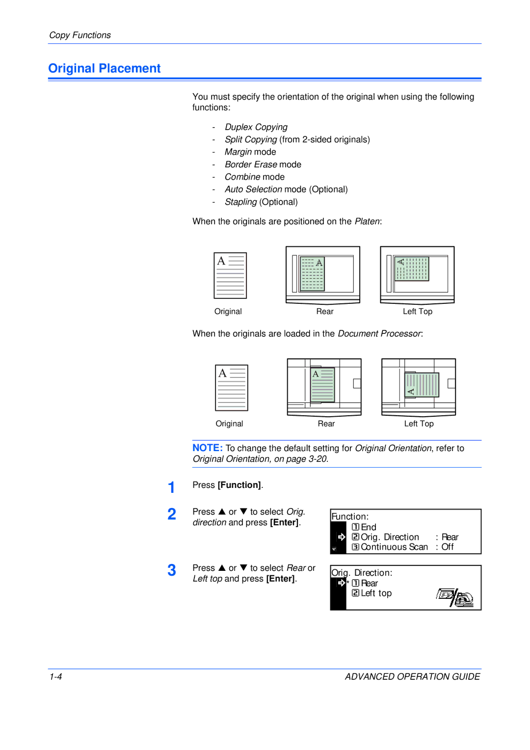 Epson KM-2550, KM-2050, KM-1650 manual Original Placement, Press Function 