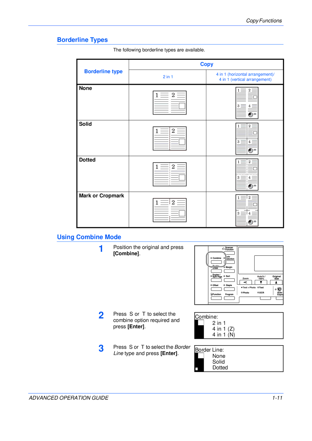 Epson KM-2050, KM-1650, KM-2550 manual Borderline Types, Using Combine Mode, Border Line None Solid Dotted 