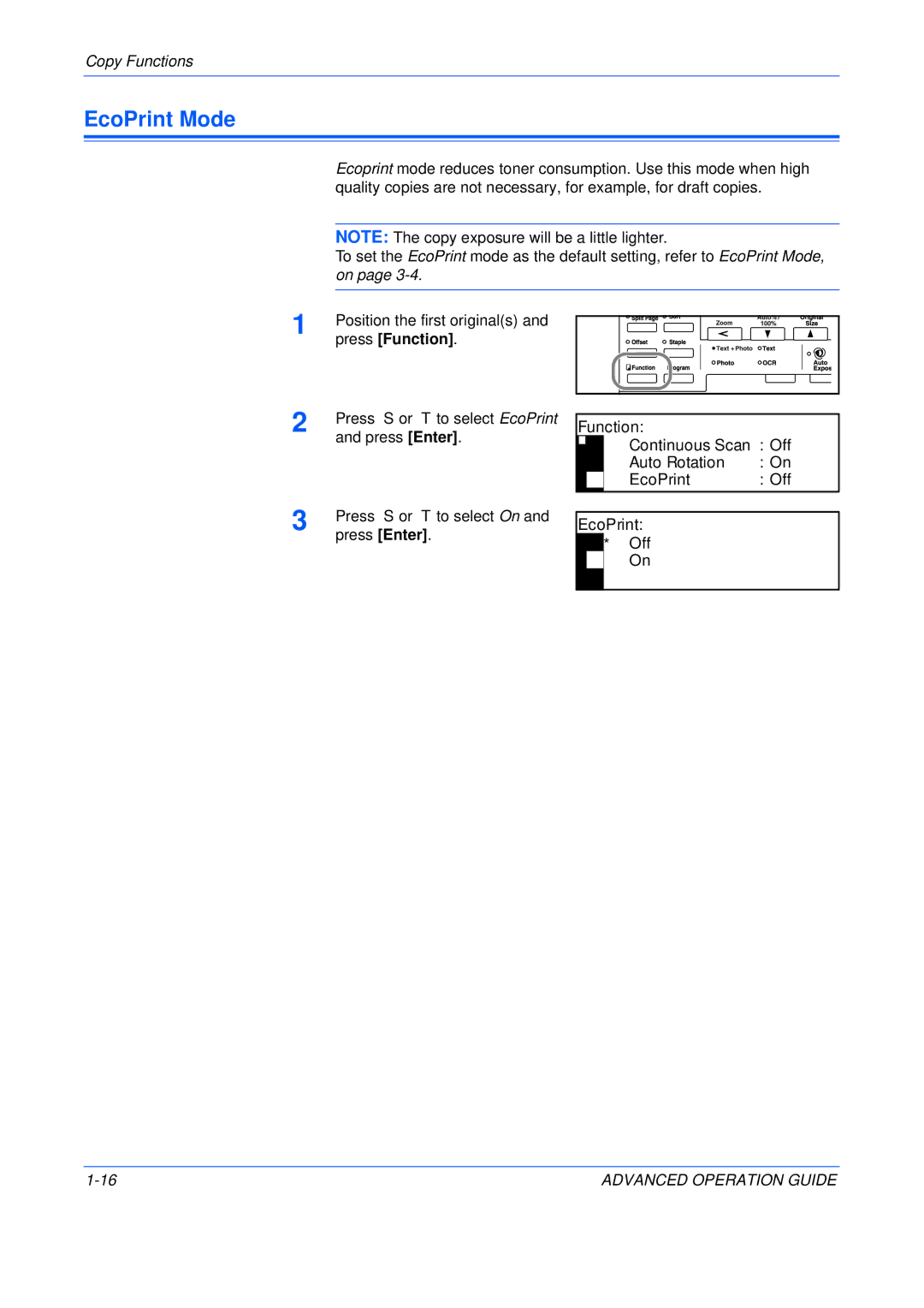 Epson KM-2550, KM-2050, KM-1650 manual EcoPrint Mode, Function Continuous Scan Off Auto Rotation On EcoPrint Off 