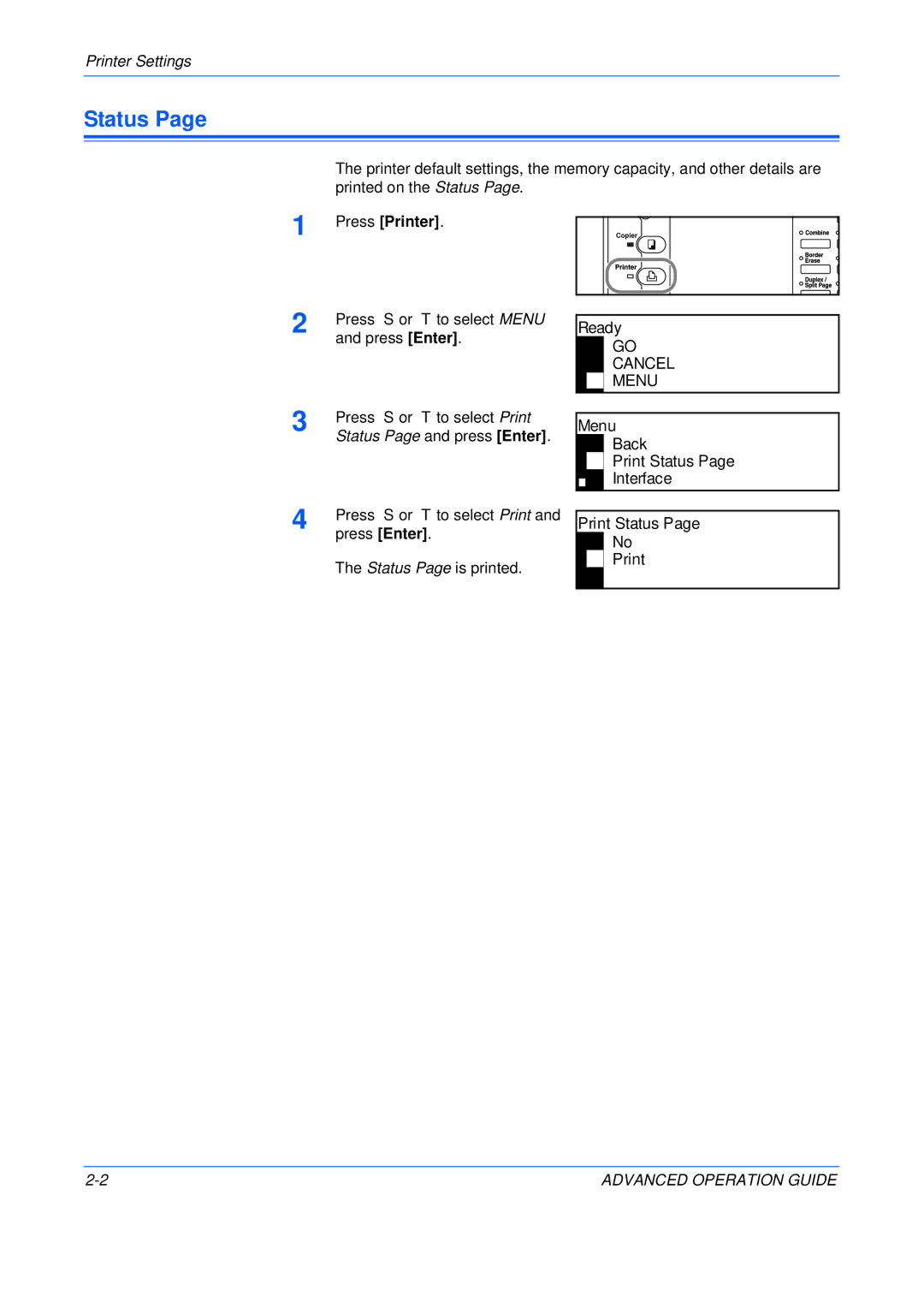 Epson KM-2050, KM-1650, KM-2550 manual Ready, Menu Back Print Status Interface 