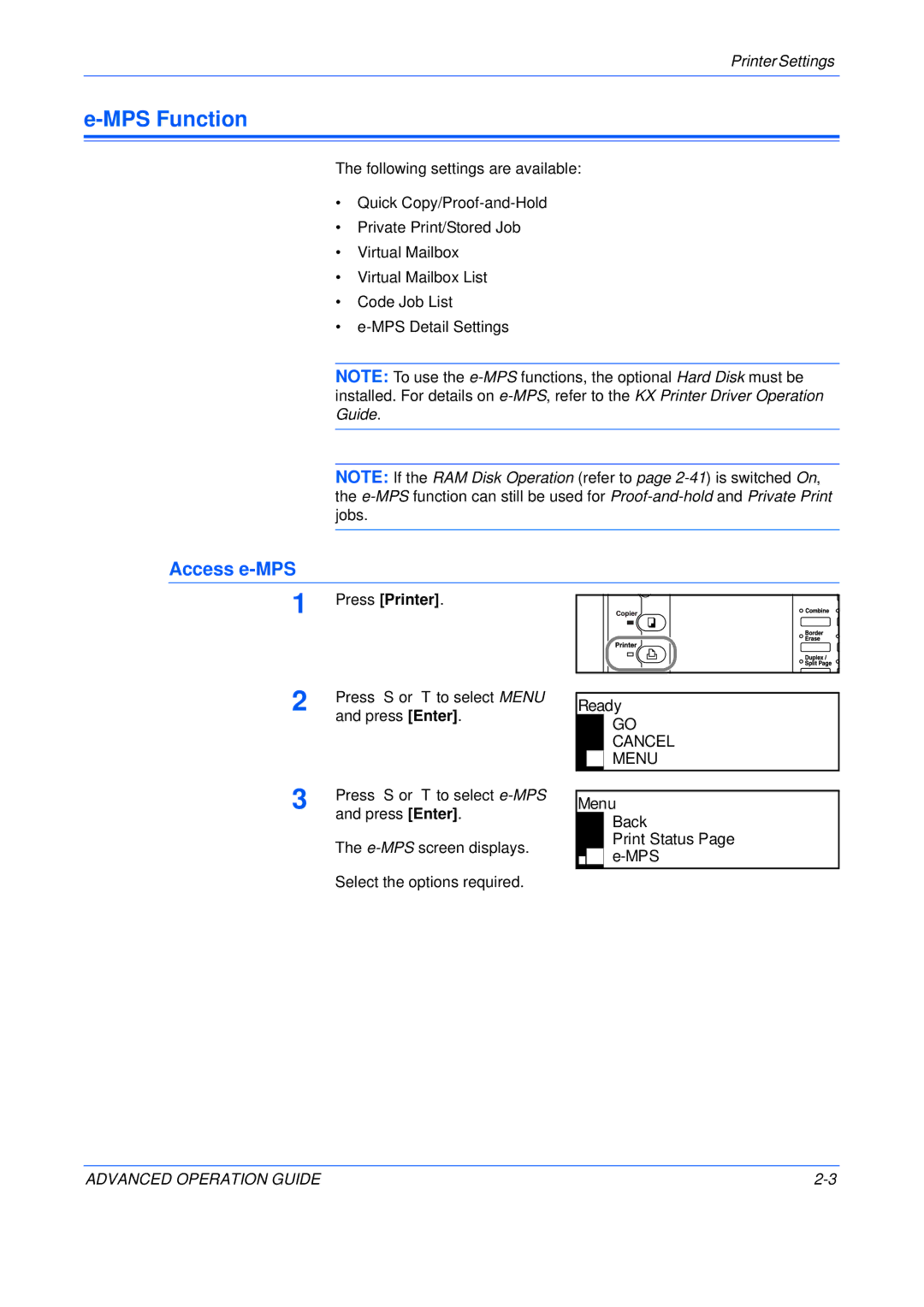 Epson KM-1650, KM-2050, KM-2550 manual MPS Function, Access e-MPS, Menu Back Print Status Page e-MPS 