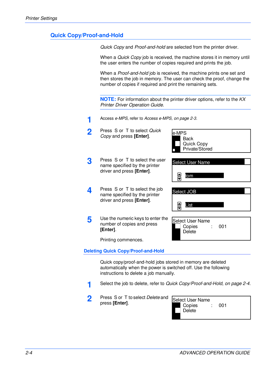 Epson KM-2550, KM-2050, KM-1650 manual Quick Copy/Proof-and-Hold, Select User Name Tom Select JOB List 