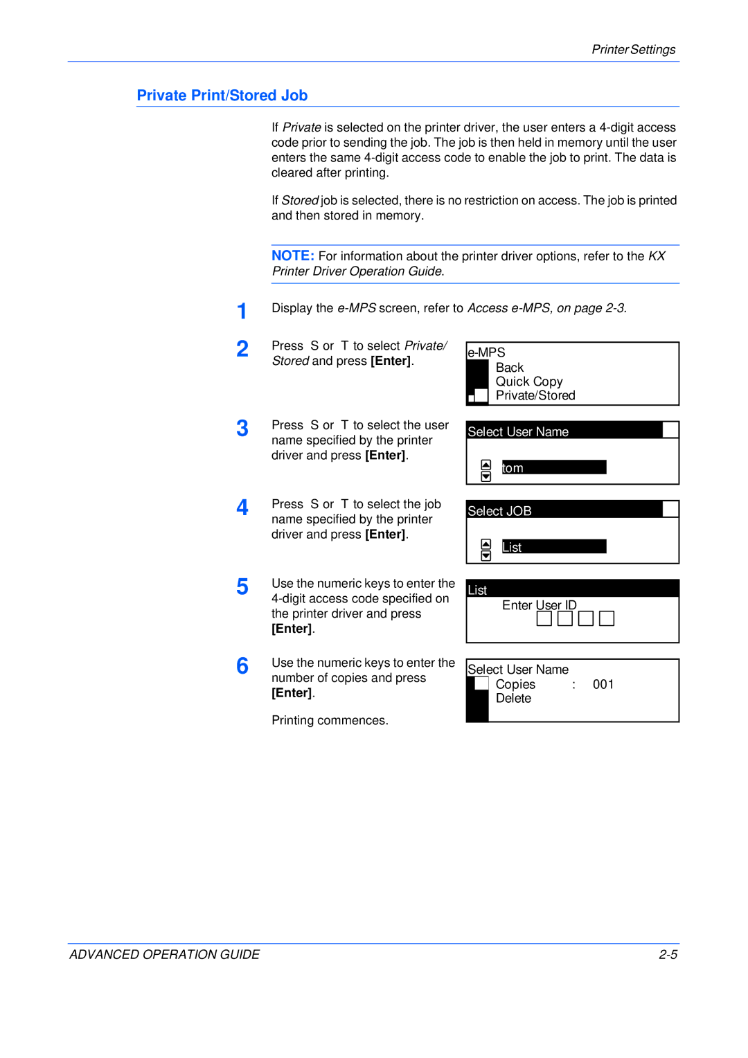 Epson KM-2050, KM-1650, KM-2550 manual Private Print/Stored Job, Enter User ID, Select User Name Copies 001 Delete 
