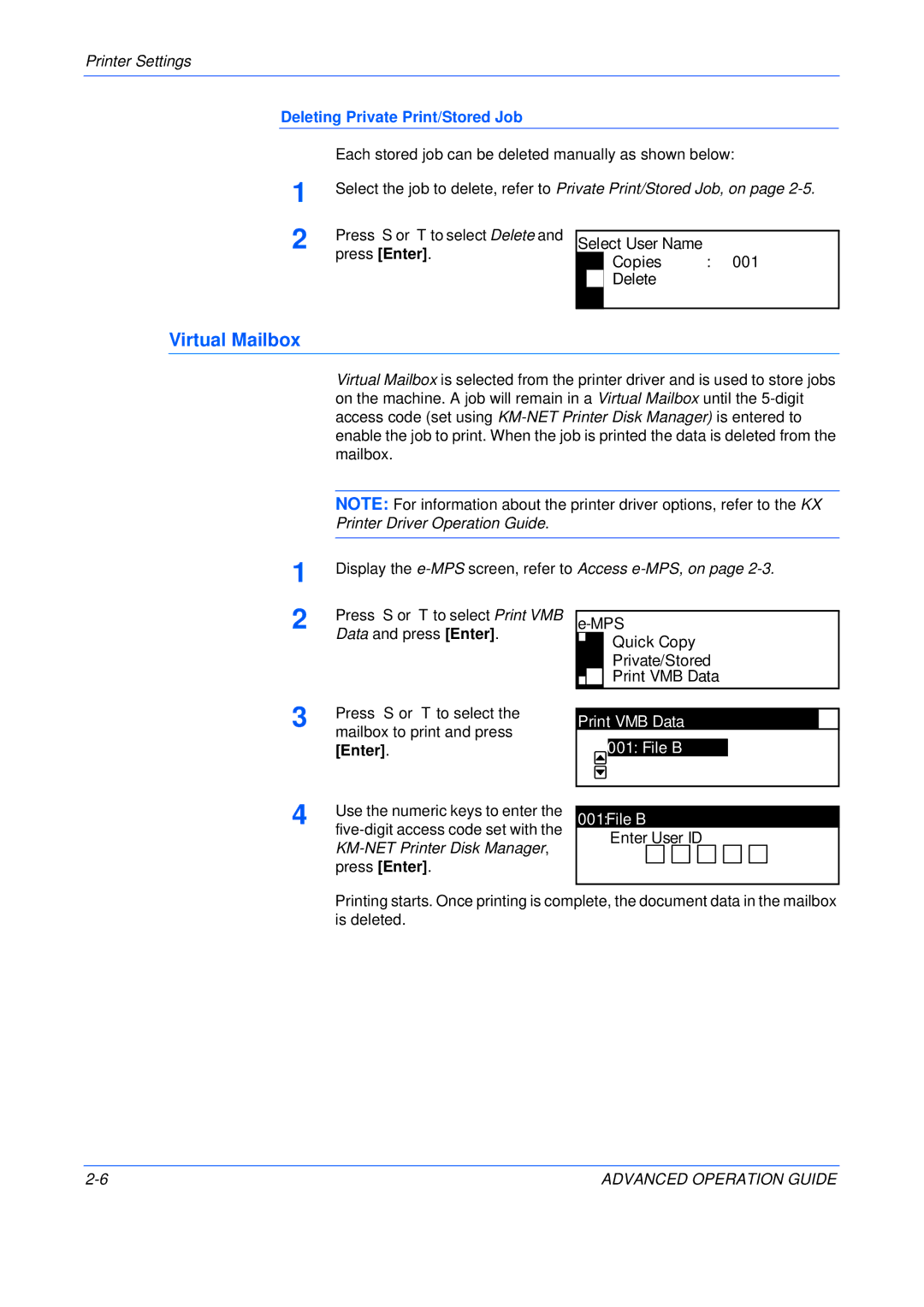 Epson KM-1650, KM-2050, KM-2550 Virtual Mailbox, Print VMB Data File B 001File B, Deleting Private Print/Stored Job 