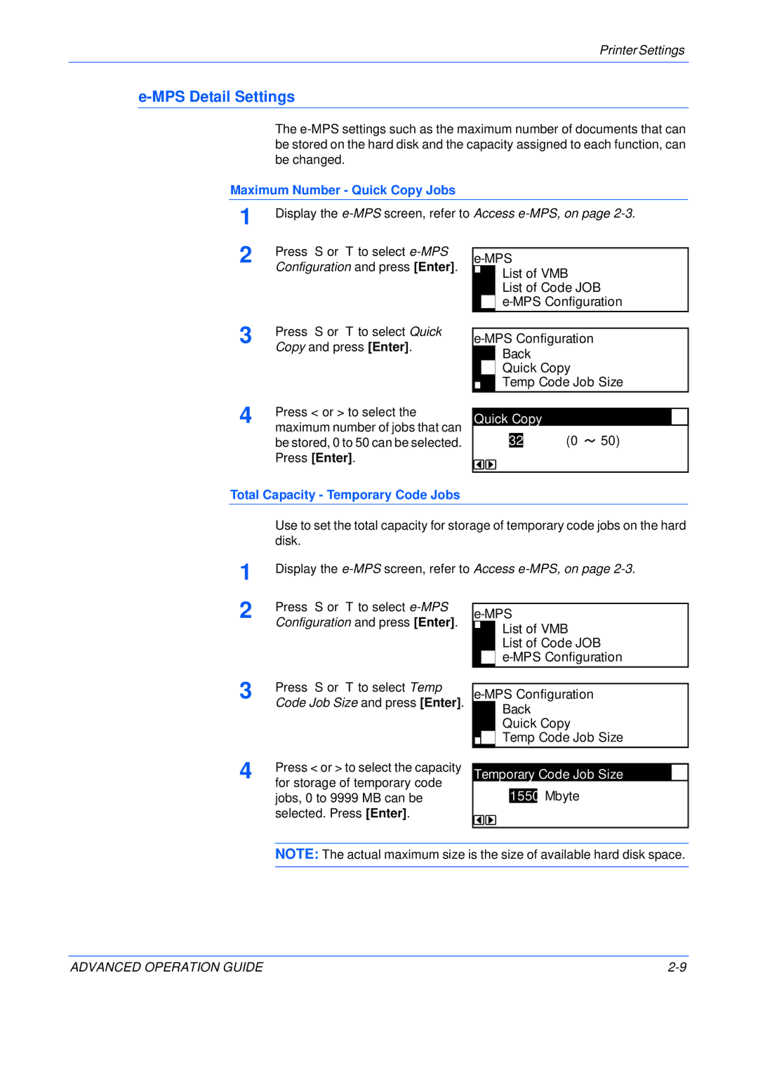 Epson KM-1650, KM-2050, KM-2550 manual MPS Detail Settings, Quick Copy, Temporary Code Job Size Mbyte 