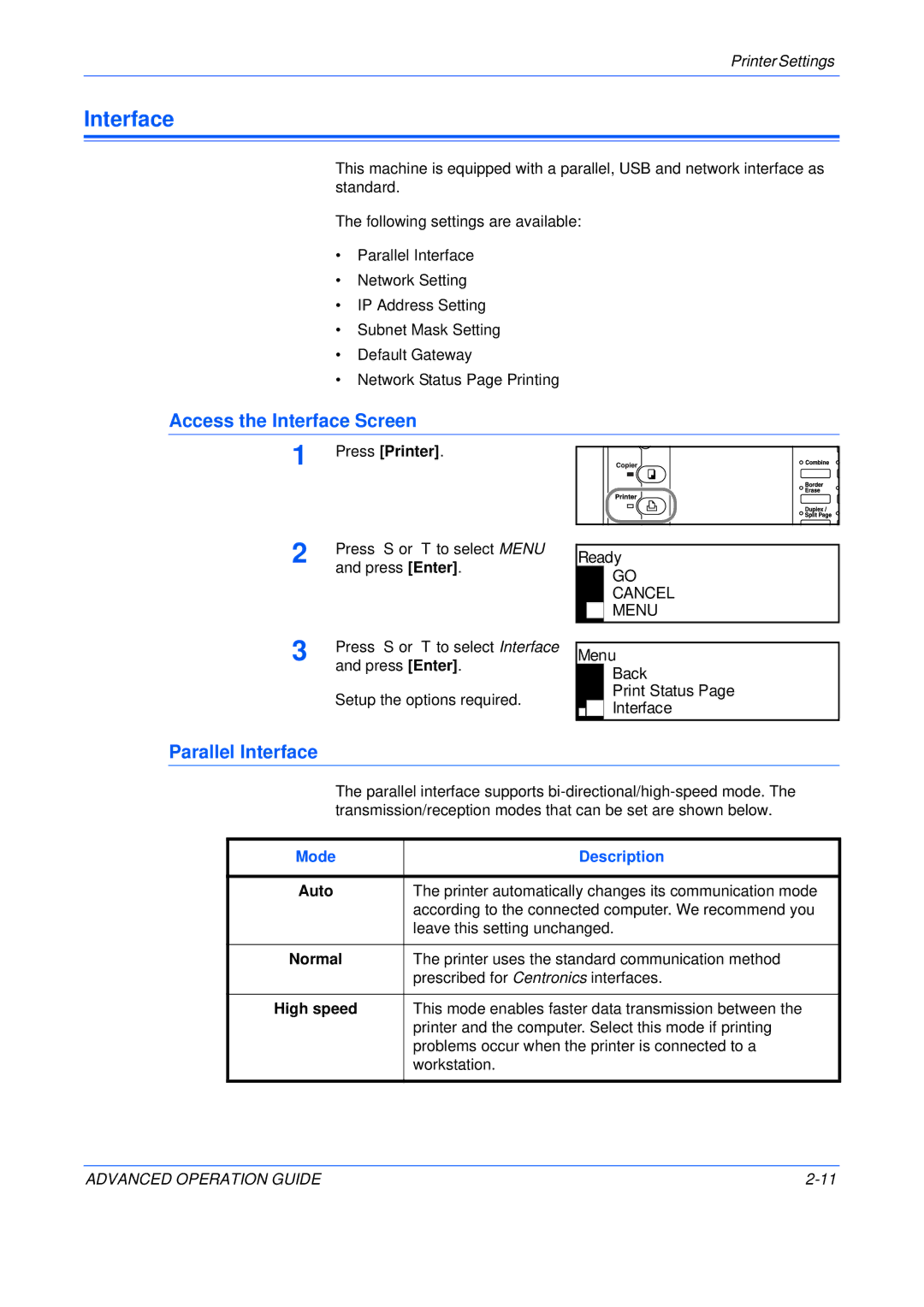 Epson KM-2050, KM-1650, KM-2550 manual Access the Interface Screen, Parallel Interface 