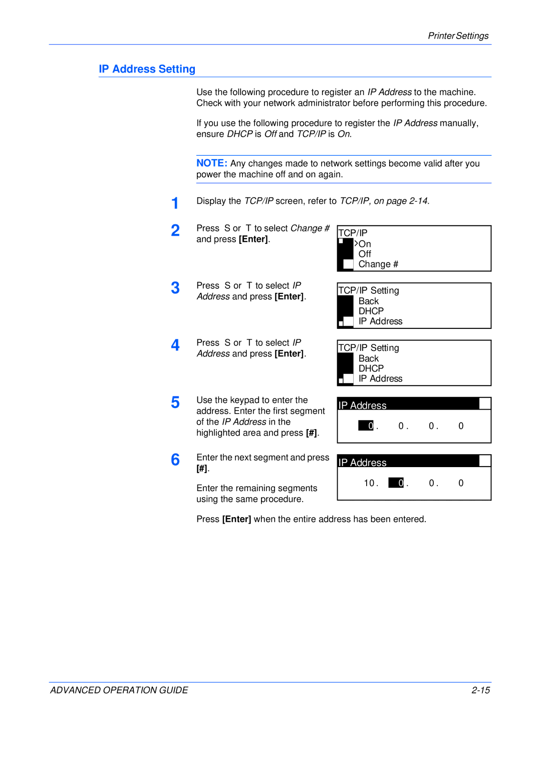 Epson KM-1650, KM-2050, KM-2550 manual IP Address Setting 