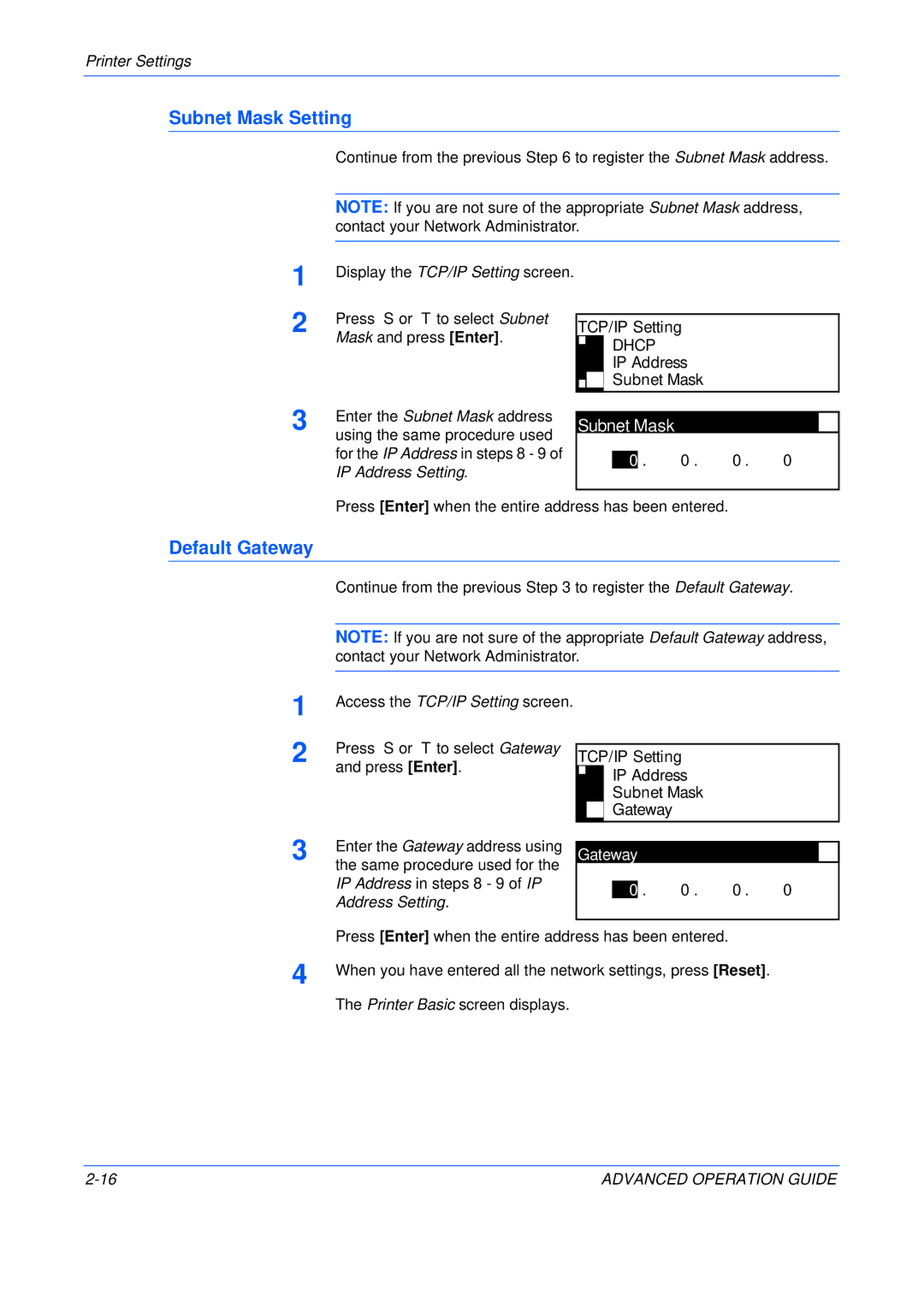 Epson KM-2550, KM-2050, KM-1650 manual Subnet Mask Setting, Default Gateway 