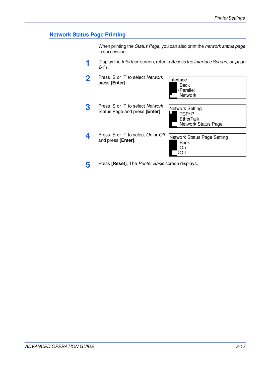 Epson KM-2050 Network Status Page Printing, Interface Back Parallel Network Network Setting, EtherTalk Network Status 