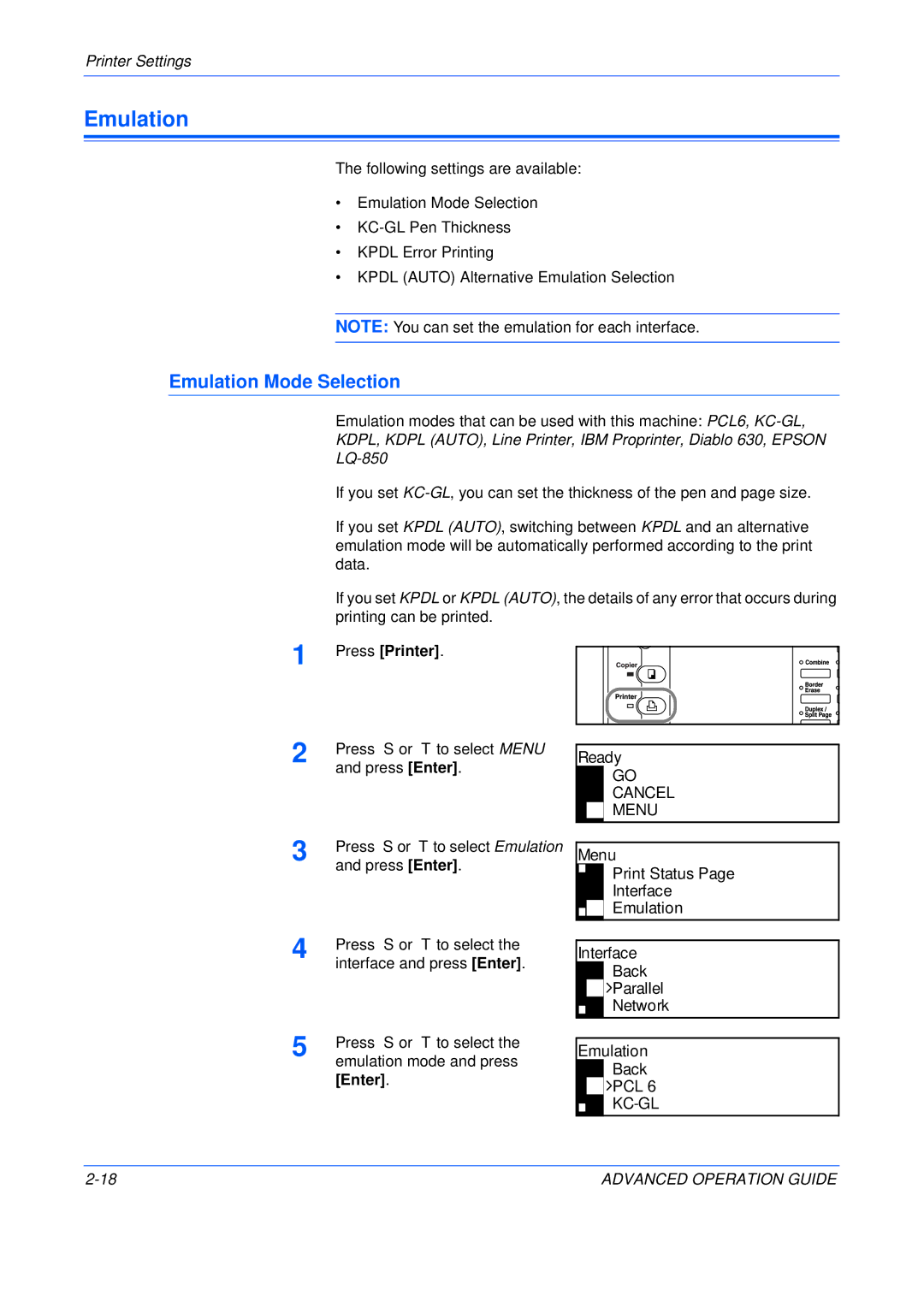 Epson KM-1650, KM-2050, KM-2550 manual Emulation Mode Selection, Menu Print Status Interface Emulation 